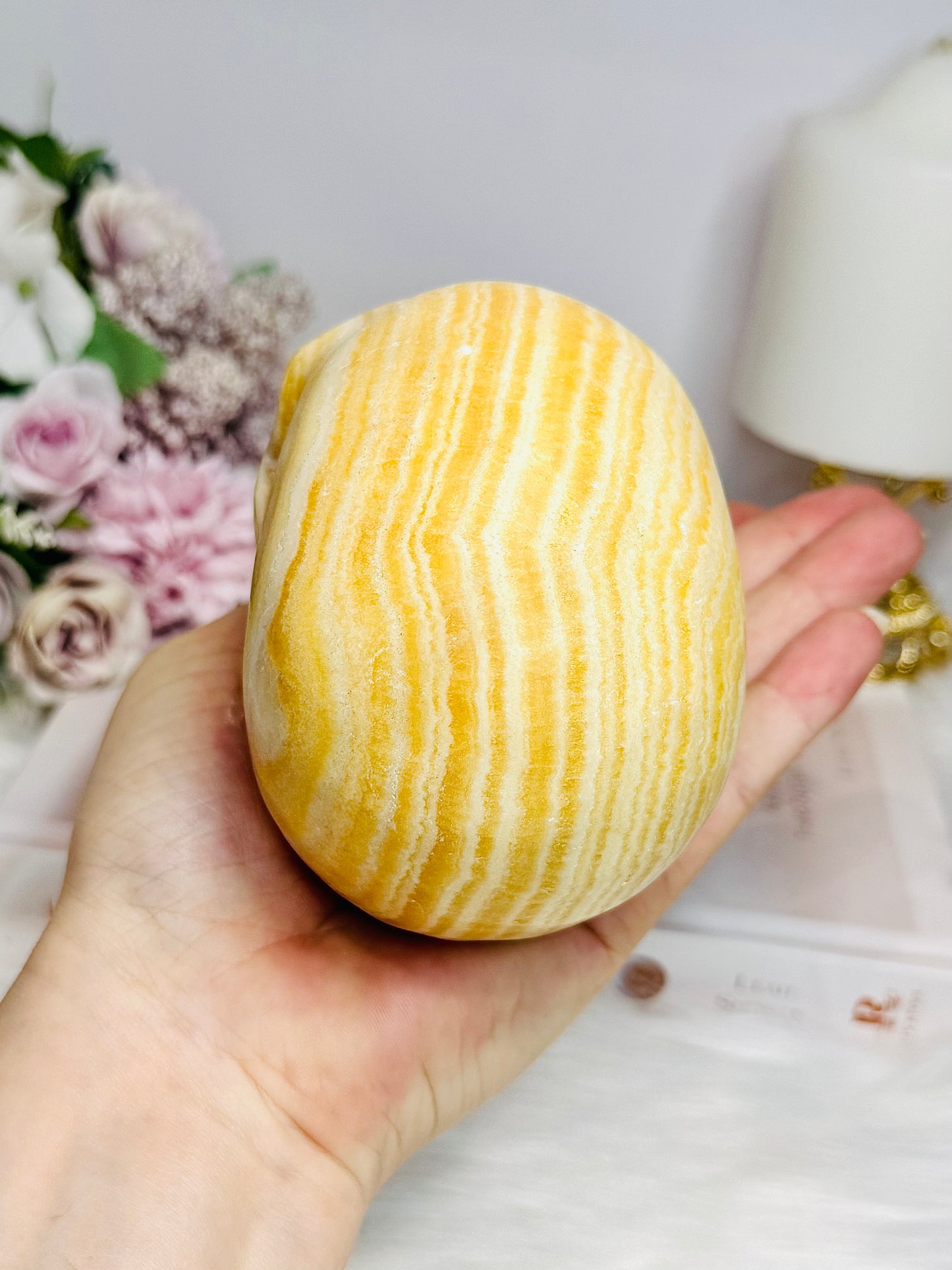 Large Orange Calcite Carved Skull 11.5cm 1.01KG