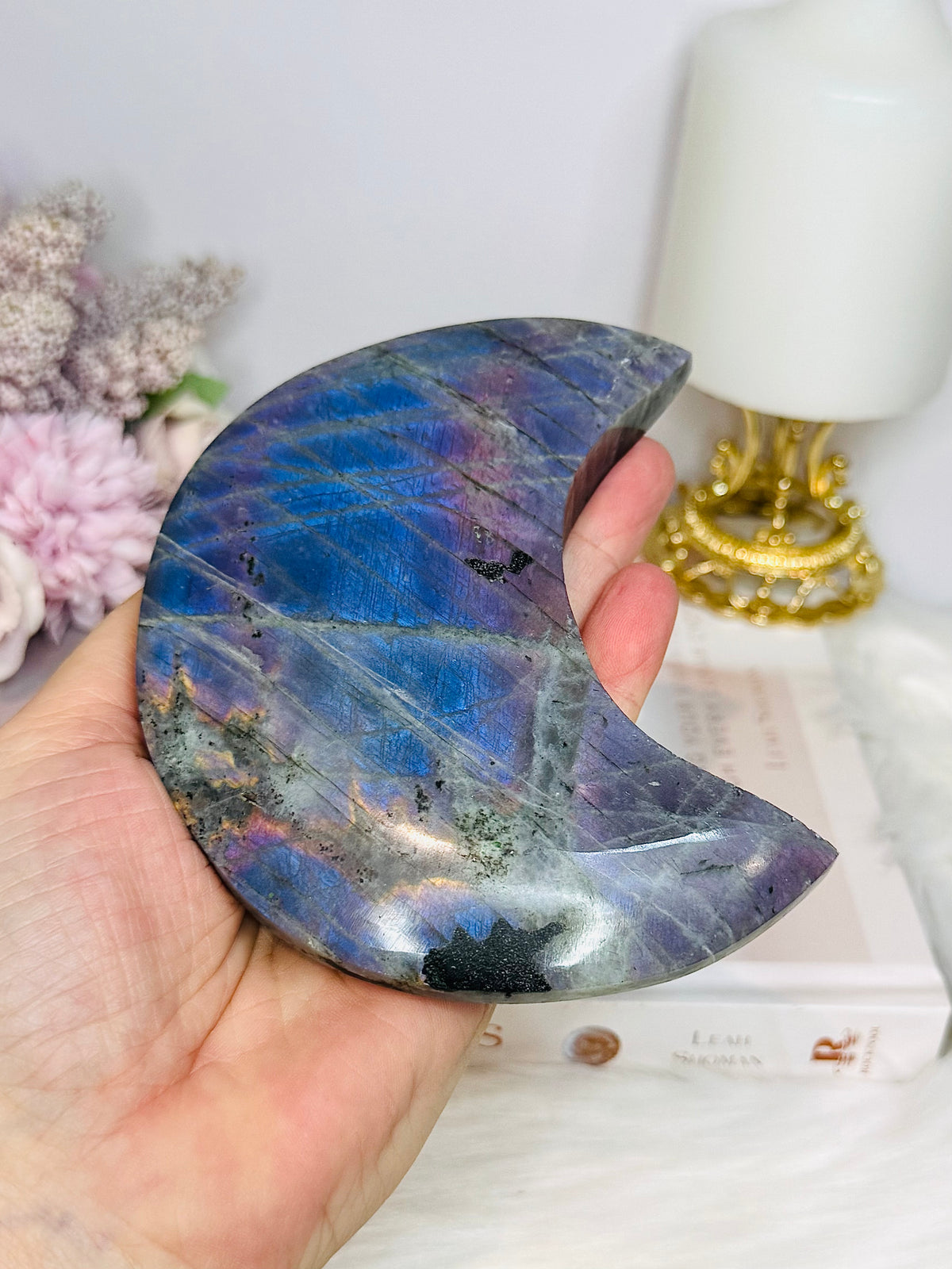 High Grade Large Labradorite Carved Moon Full of Flash 19.5cm