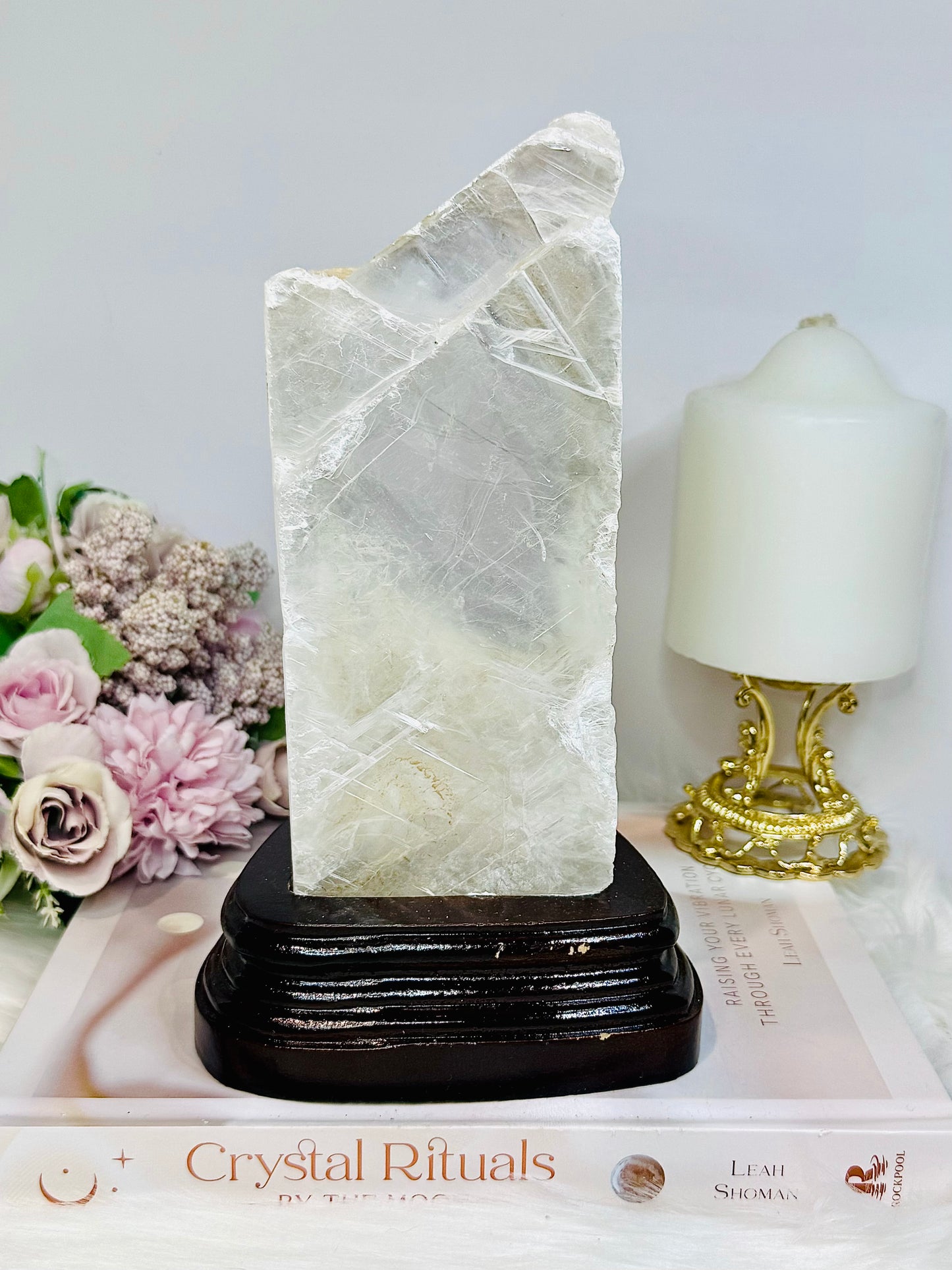 Large Natural Selenite On Timber Stand 21cm 1.1KG