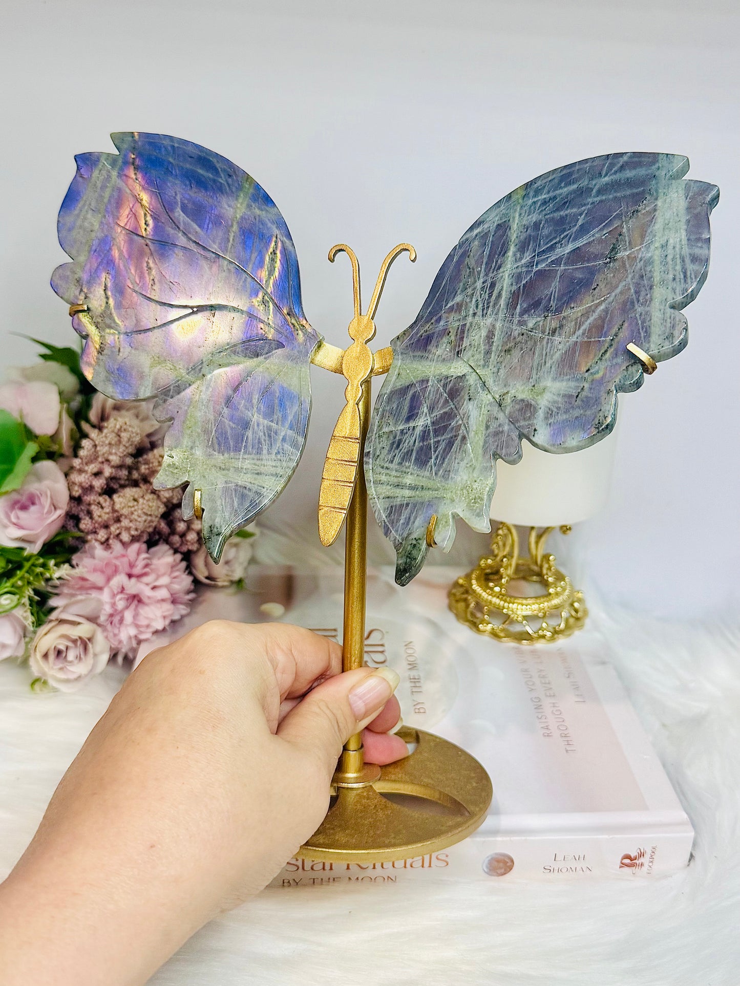 Large Labradorite Butterfly Wings With Purple Flash 21cm Tall