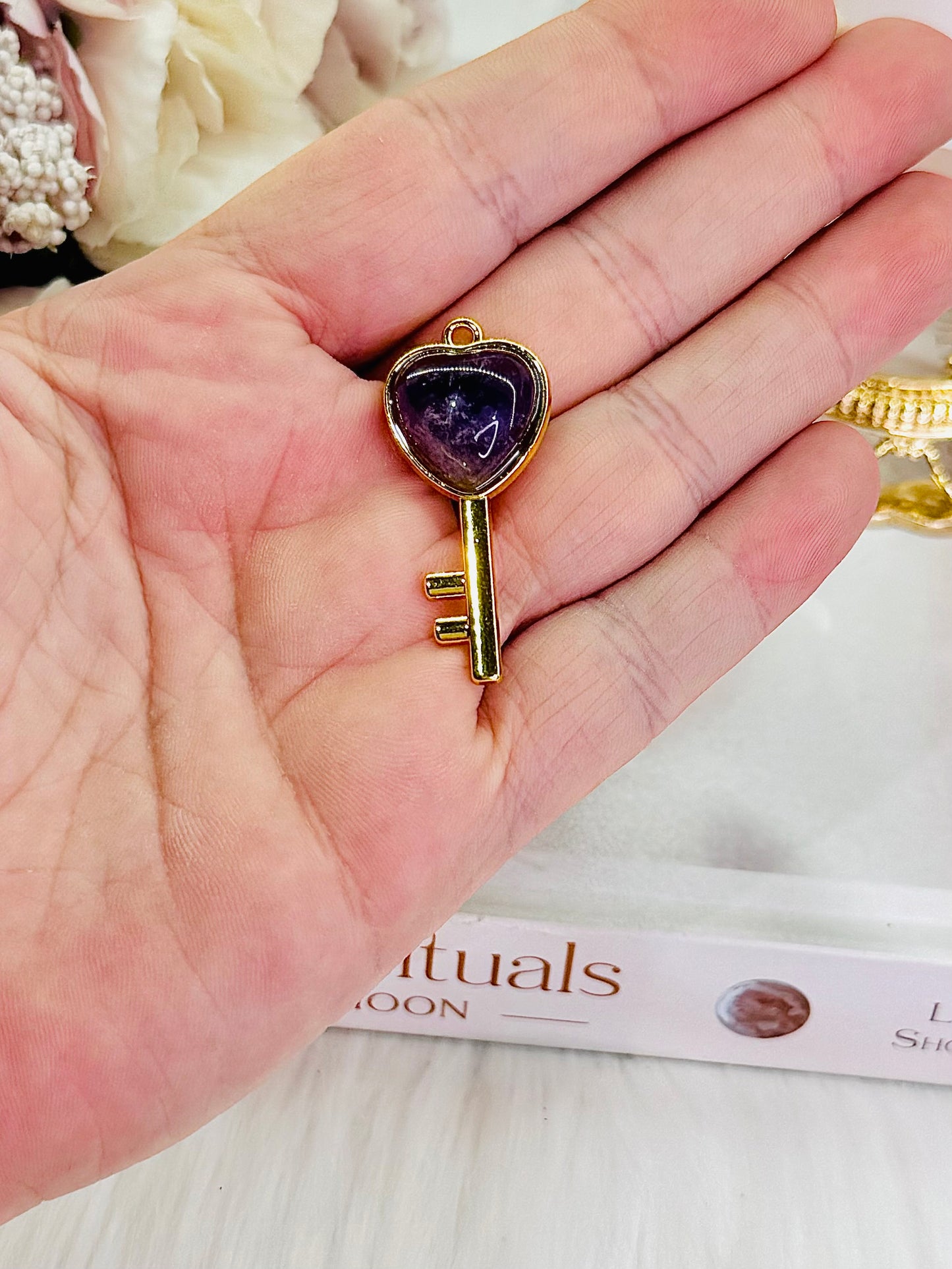 Beautiful Amethyst Heart Gold Key Pendant In Gift Bag