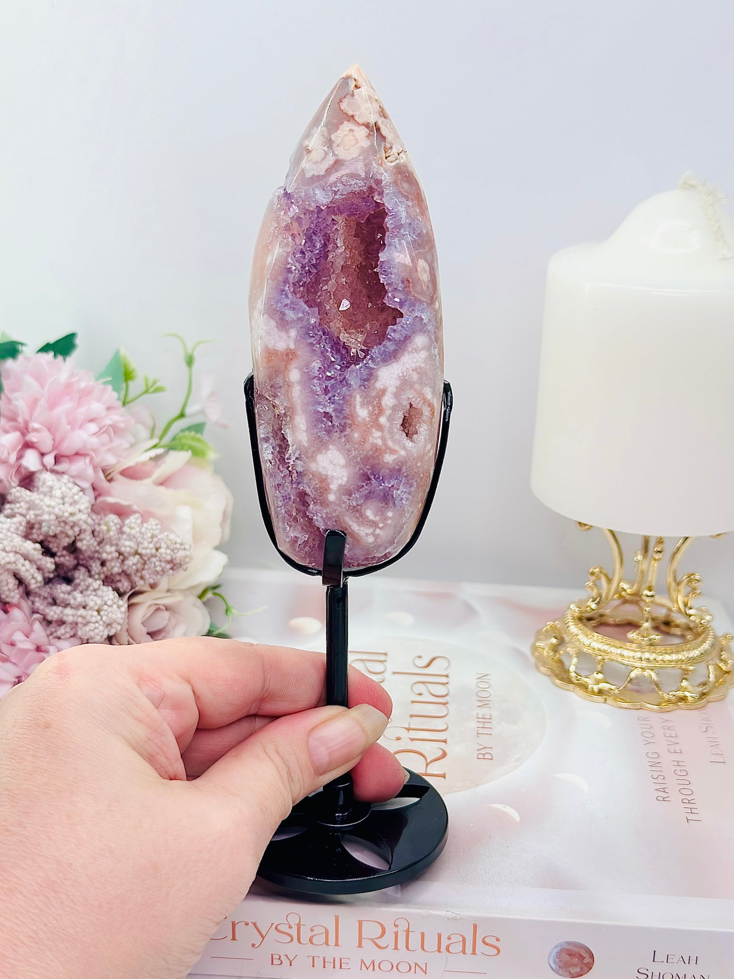 High Grade Rare 19.5cm Druzy Pink Amethyst X Flower Agate Egg on Stand