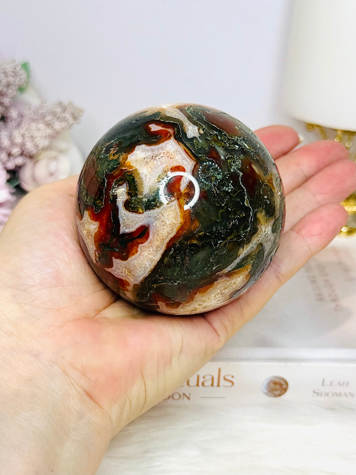 Large Druzy Red Moss Agate Sphere on Stand 510g