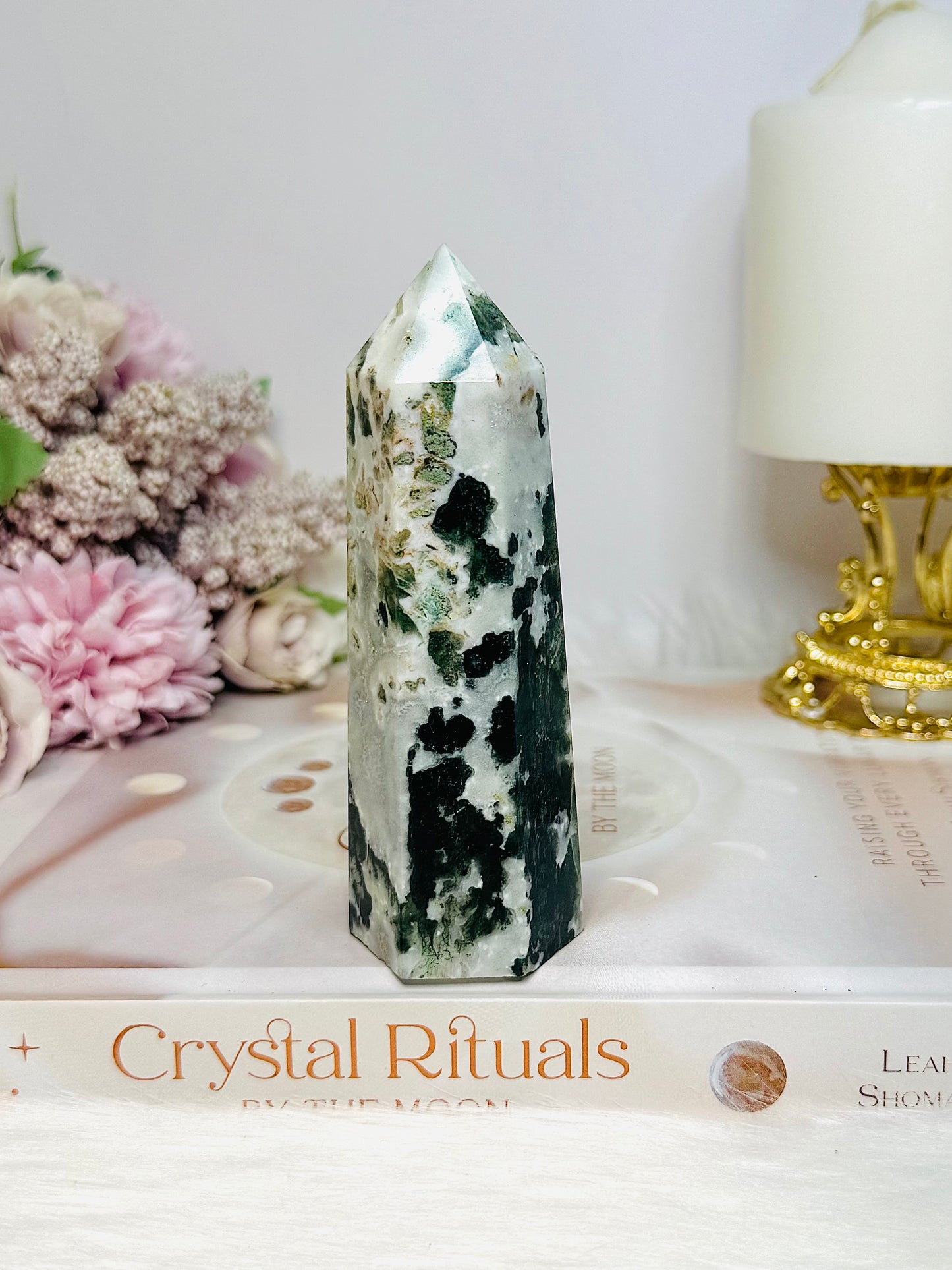 Moss Agate In Quartz Tower 11cm