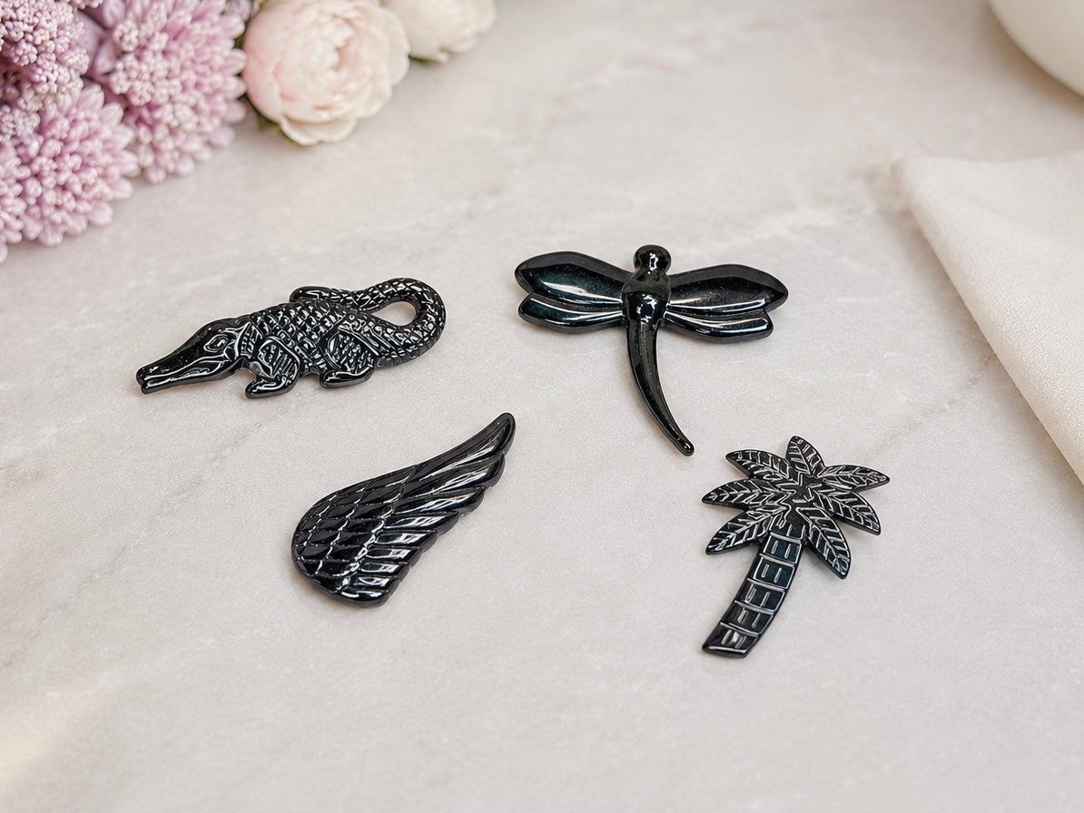 Set of 4 Terahertz Carvings ~ Crocodile, Palm Tree, Wing & Dragonfly 4.5cm