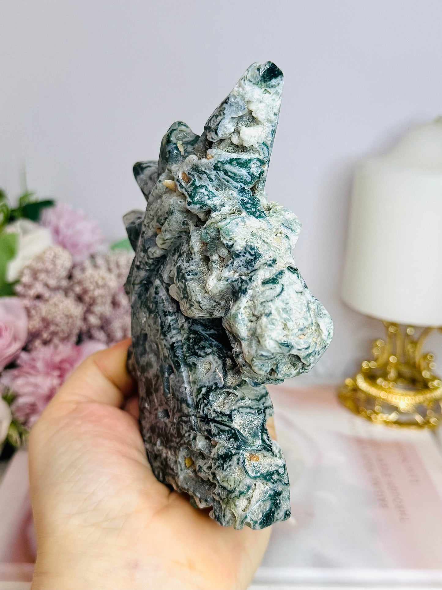 Moss Agate Druzy Unicorn Carving 13cm 420g