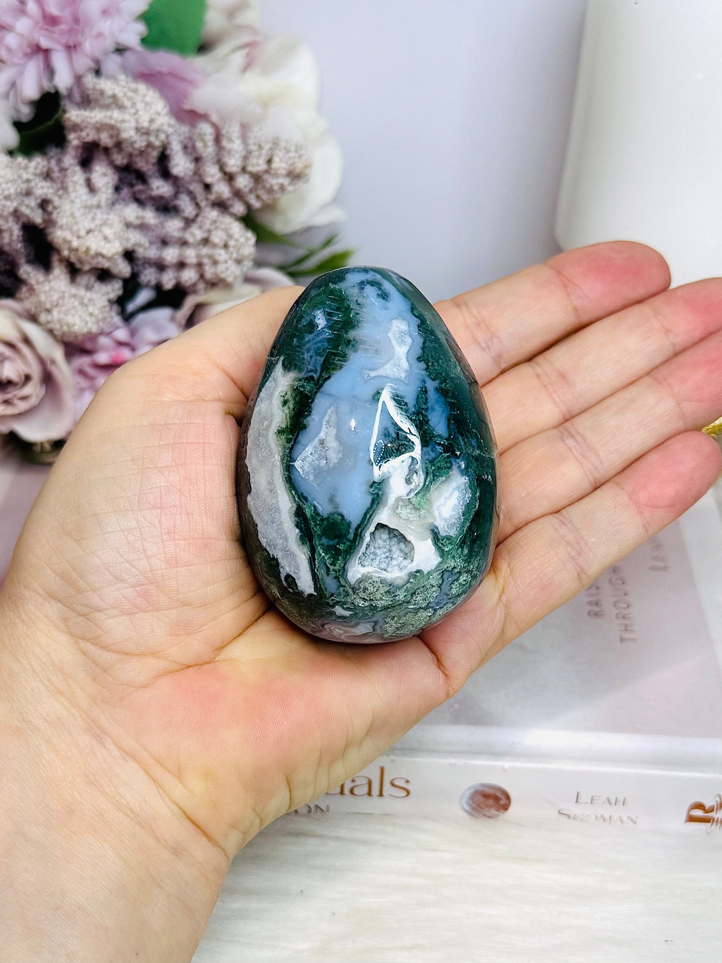 Moss Agate Druzy Carved Egg On Stand 7cm