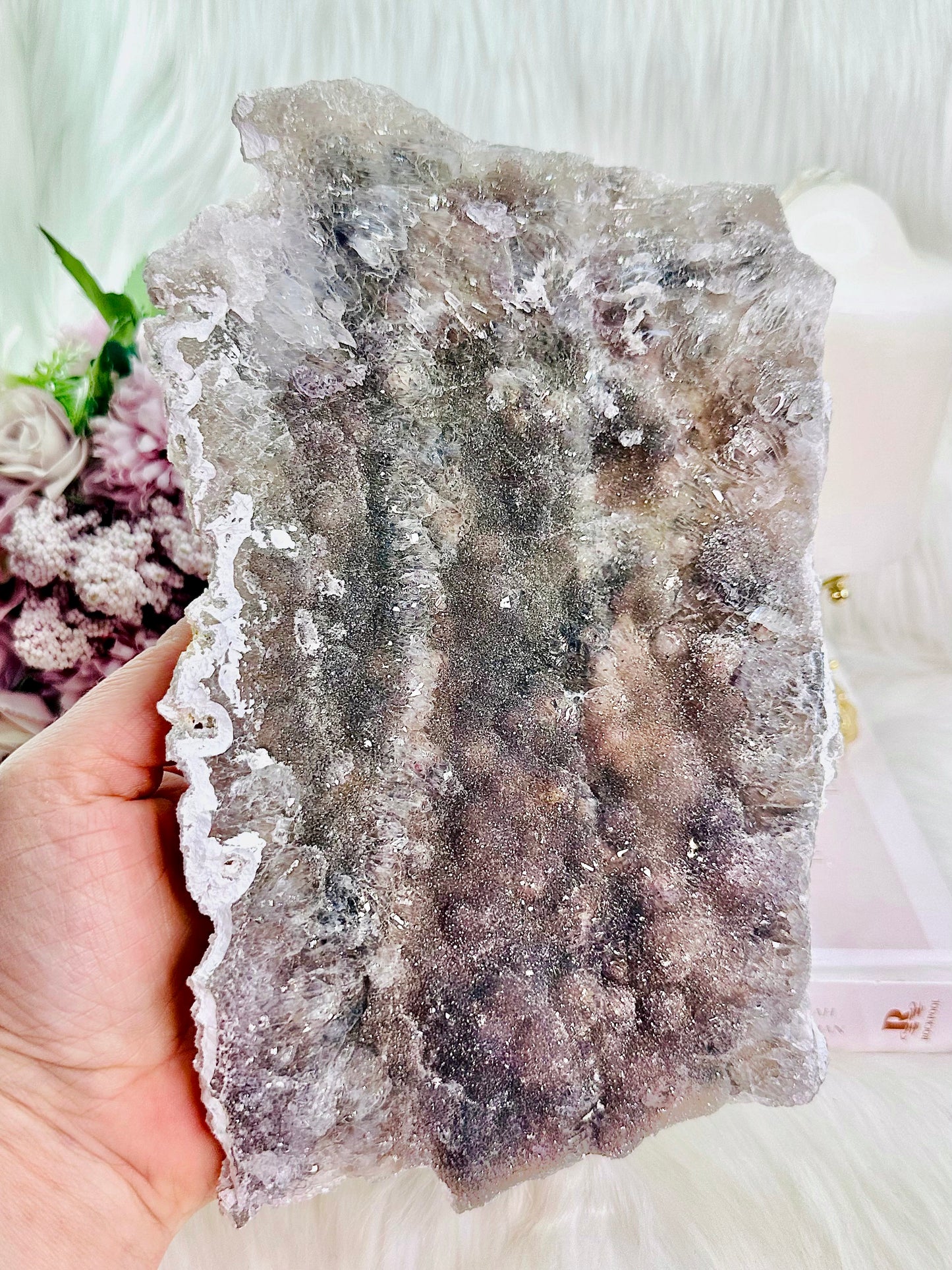 Gorgeous Natural Large 22cm Zeolite | Flower Amethyst Specimen Slab From Brazil On Stand