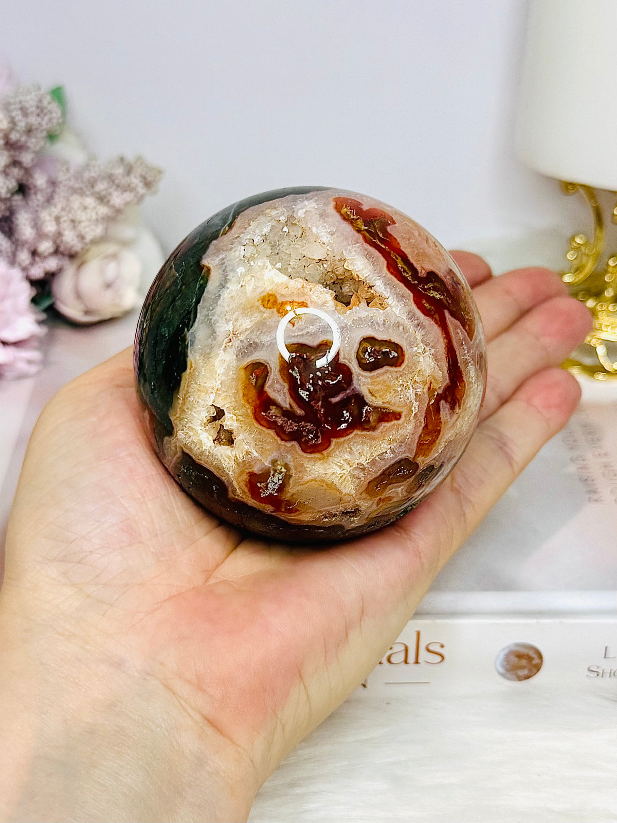 Large Druzy Red Moss Agate Sphere on Stand 510g