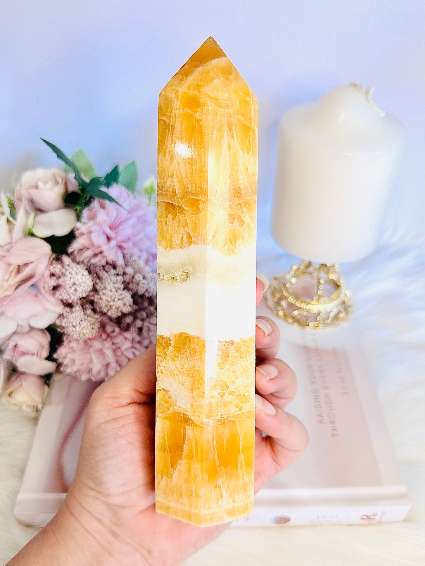 Absolutely Stunning Chunky Large Orange Calcite Tower 19cm Tall with 5 Free Tumbles