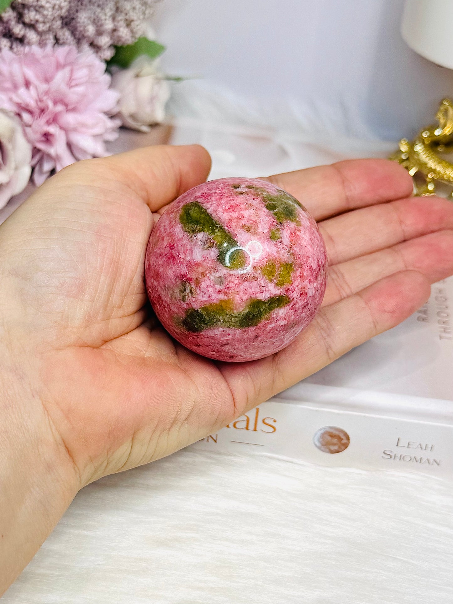 Thulite Sphere with Epidote 201g On Stand