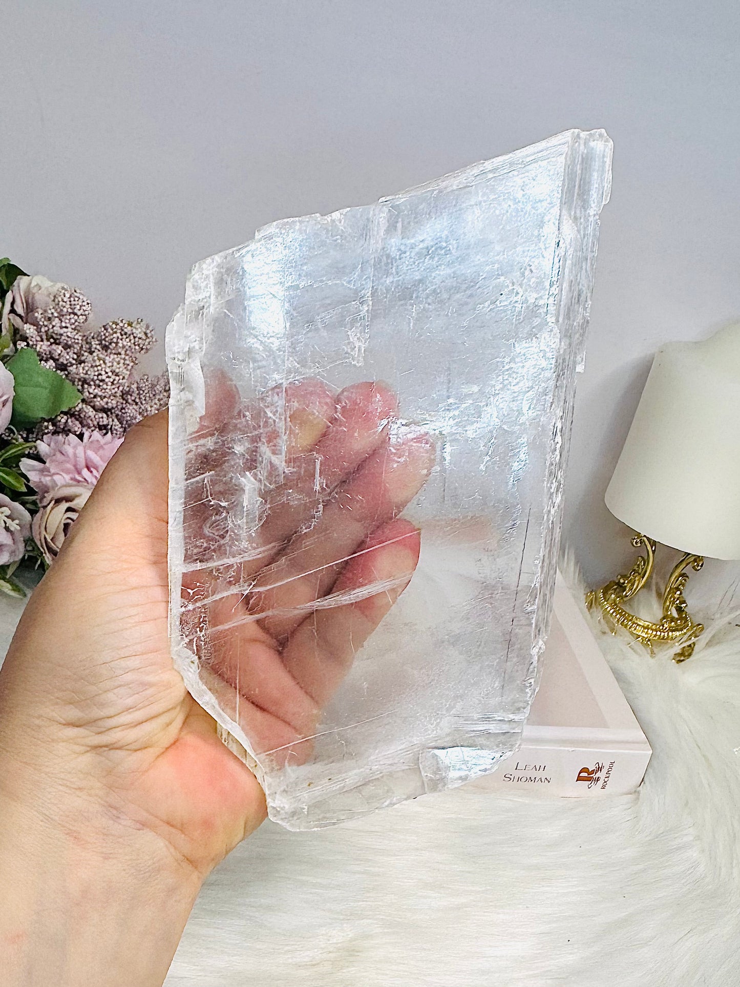 Natural Large Selenite Slab on Timber Stand 19.5cm 701g
