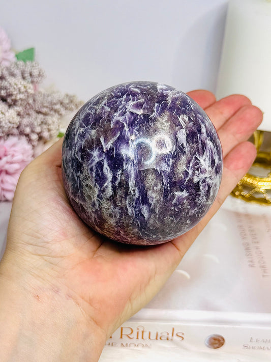 Natural Large Pegmatite | Unicorn Stone (Lepidolite, Pink Tourmaline, Smoky Quartz and Cleavelandite) Sphere on Stand 661g