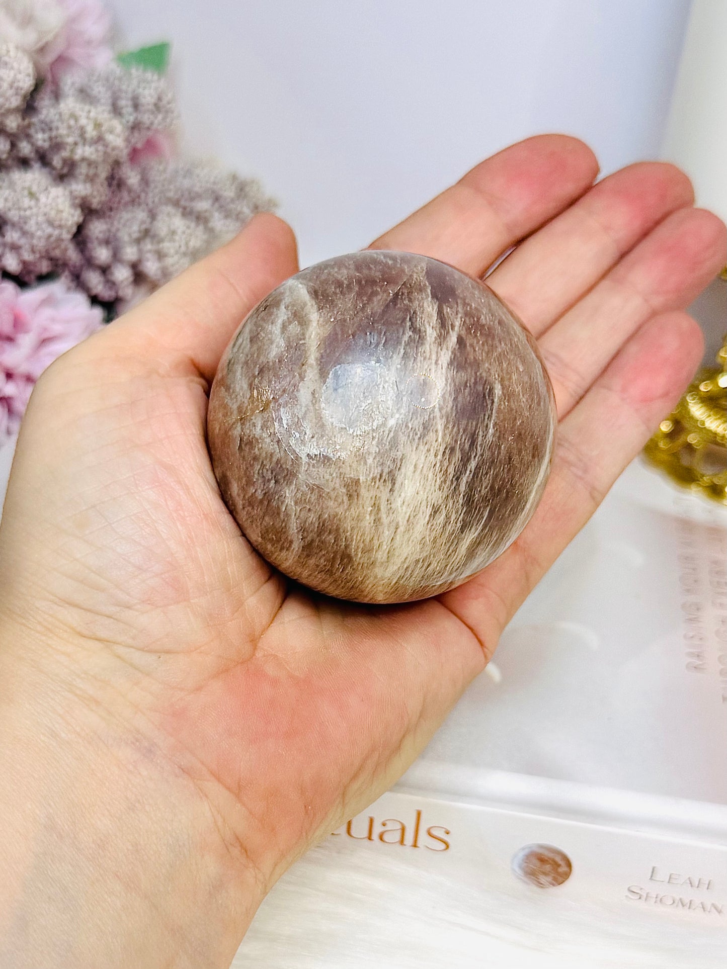 Shimmering Sunstone with Moonstone Sphere on Stand 250g