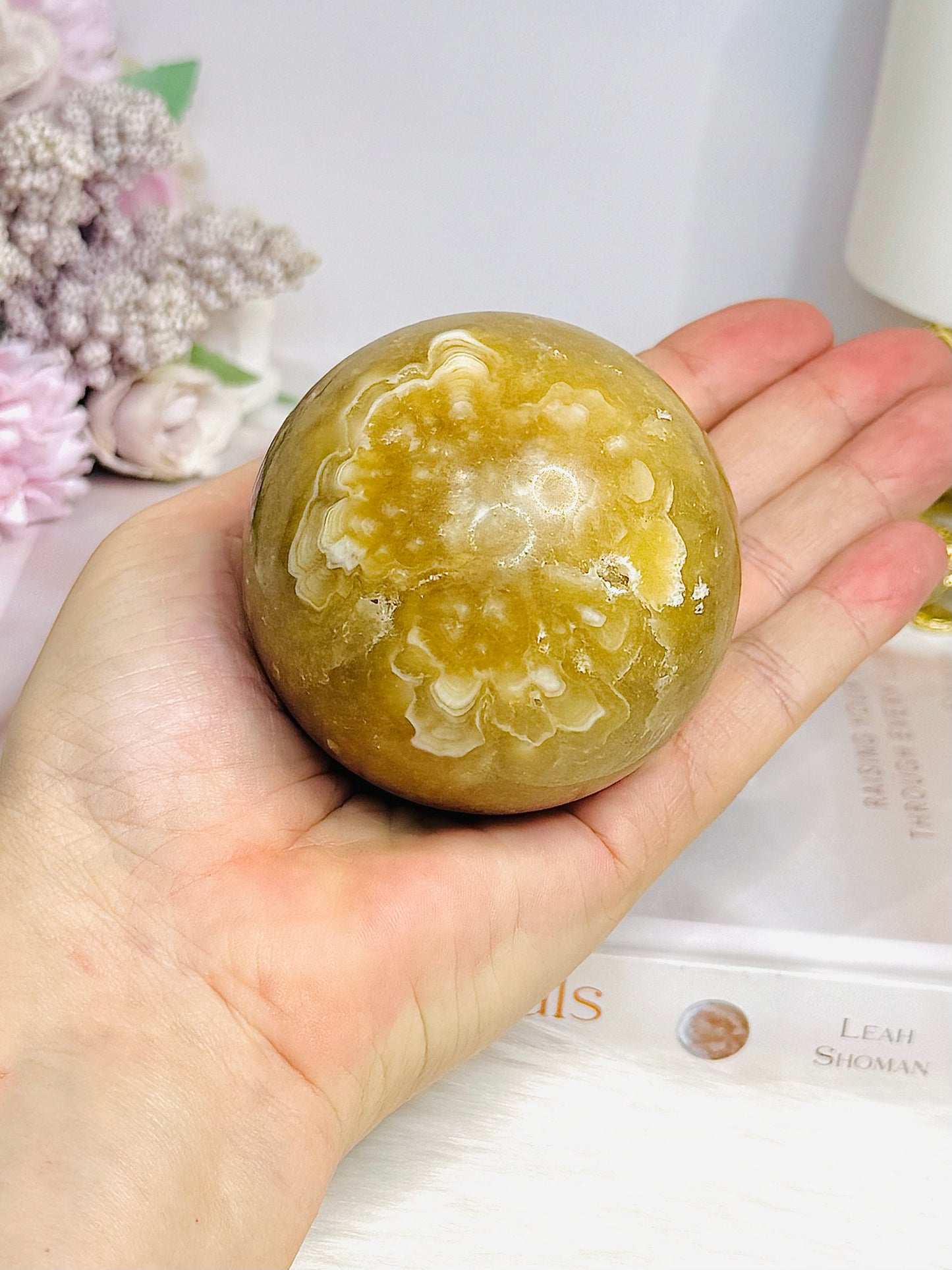Large Amber Calcite Sphere on Stand 419g