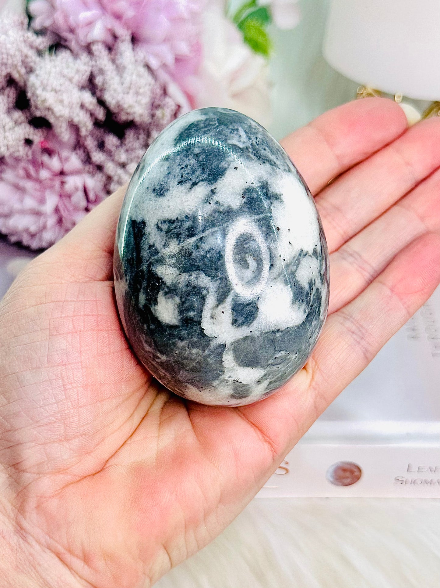 Gorgeous 287gram Grey Jasper Polished & Carved Egg On Stand (glass stand in pic is display only)