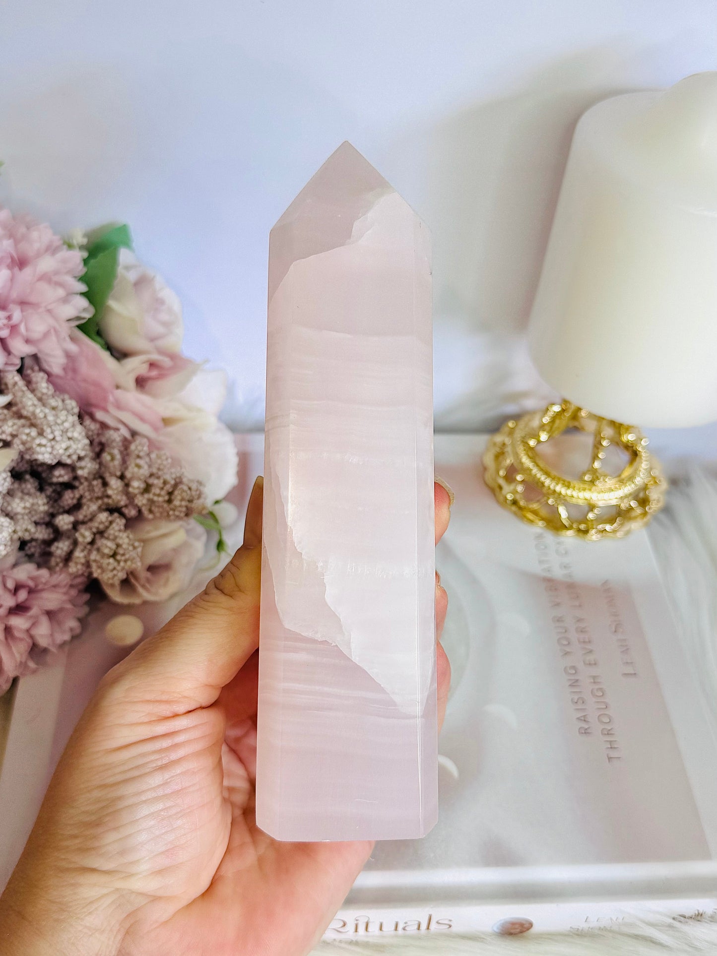 UV Reactive Pink Mangano Calcite Tower 16cm