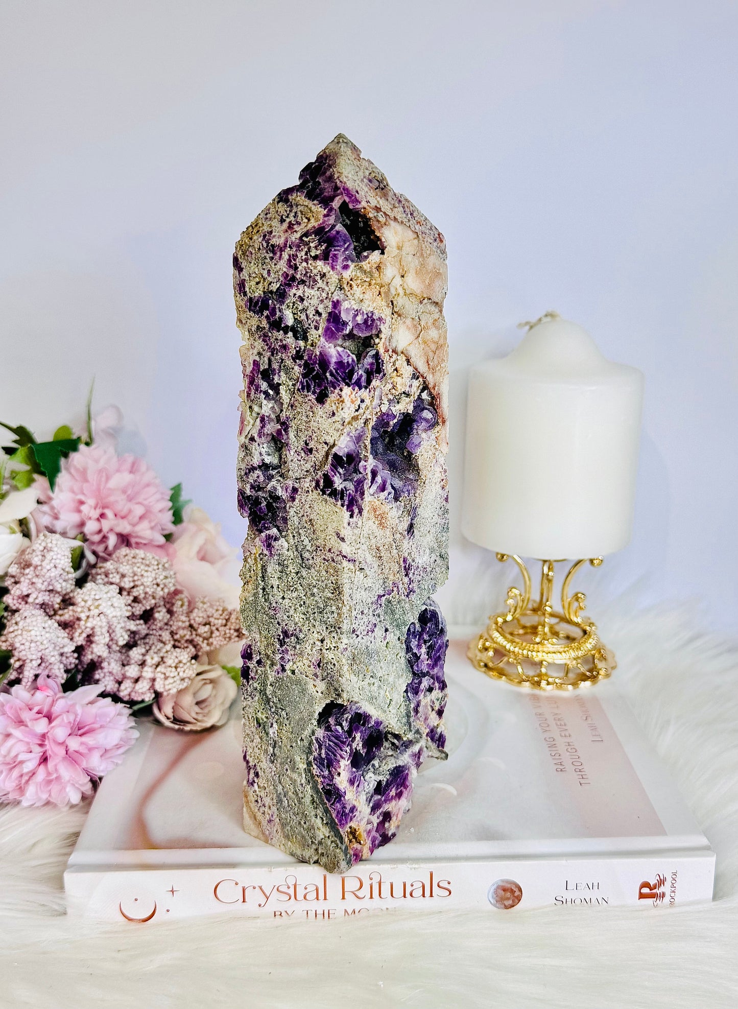 Huge Purple Cubed Fluorite in Matrix Carved Tower | Generator 22.5cm