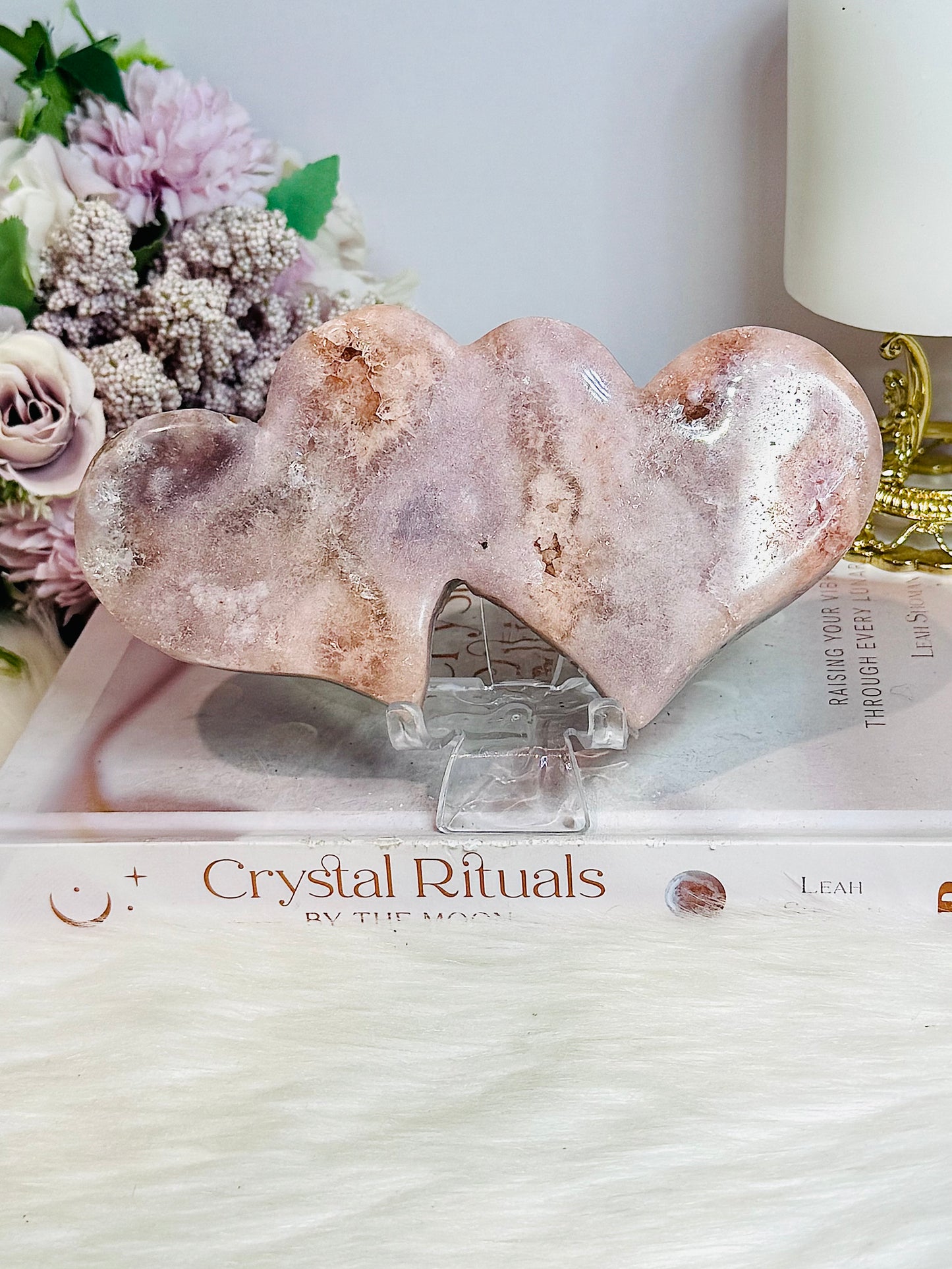 Large Pink Amethyst Druzy Double Hearts On Stand 15cm Long 473g
