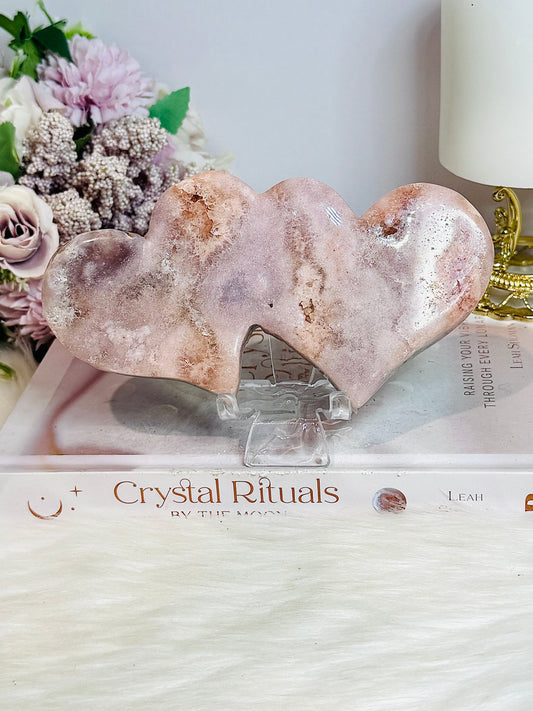 Large Pink Amethyst Druzy Double Hearts On Stand 15cm Long 473g