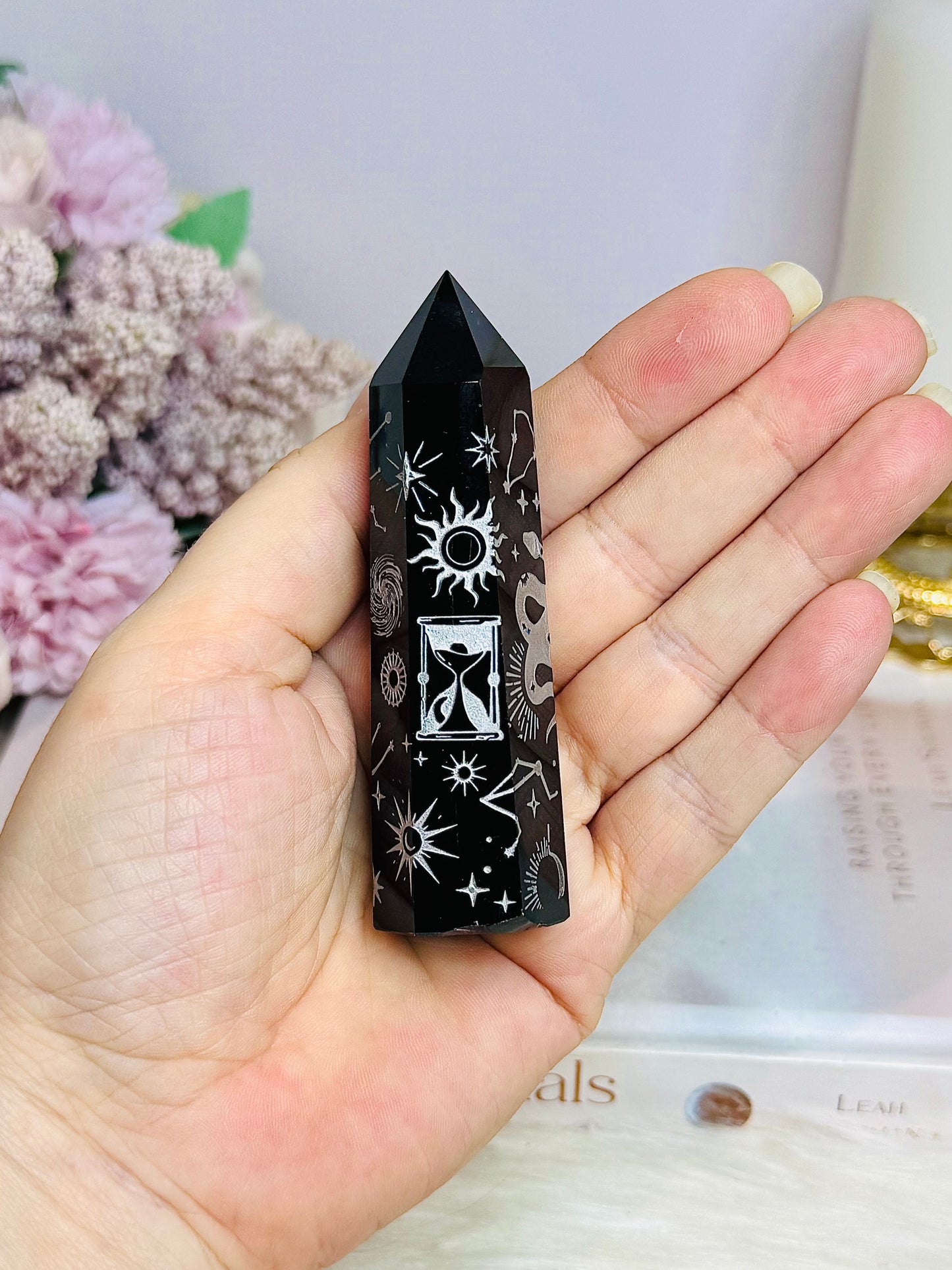 Black Obsidian Tower with Silver Engraving 9cm