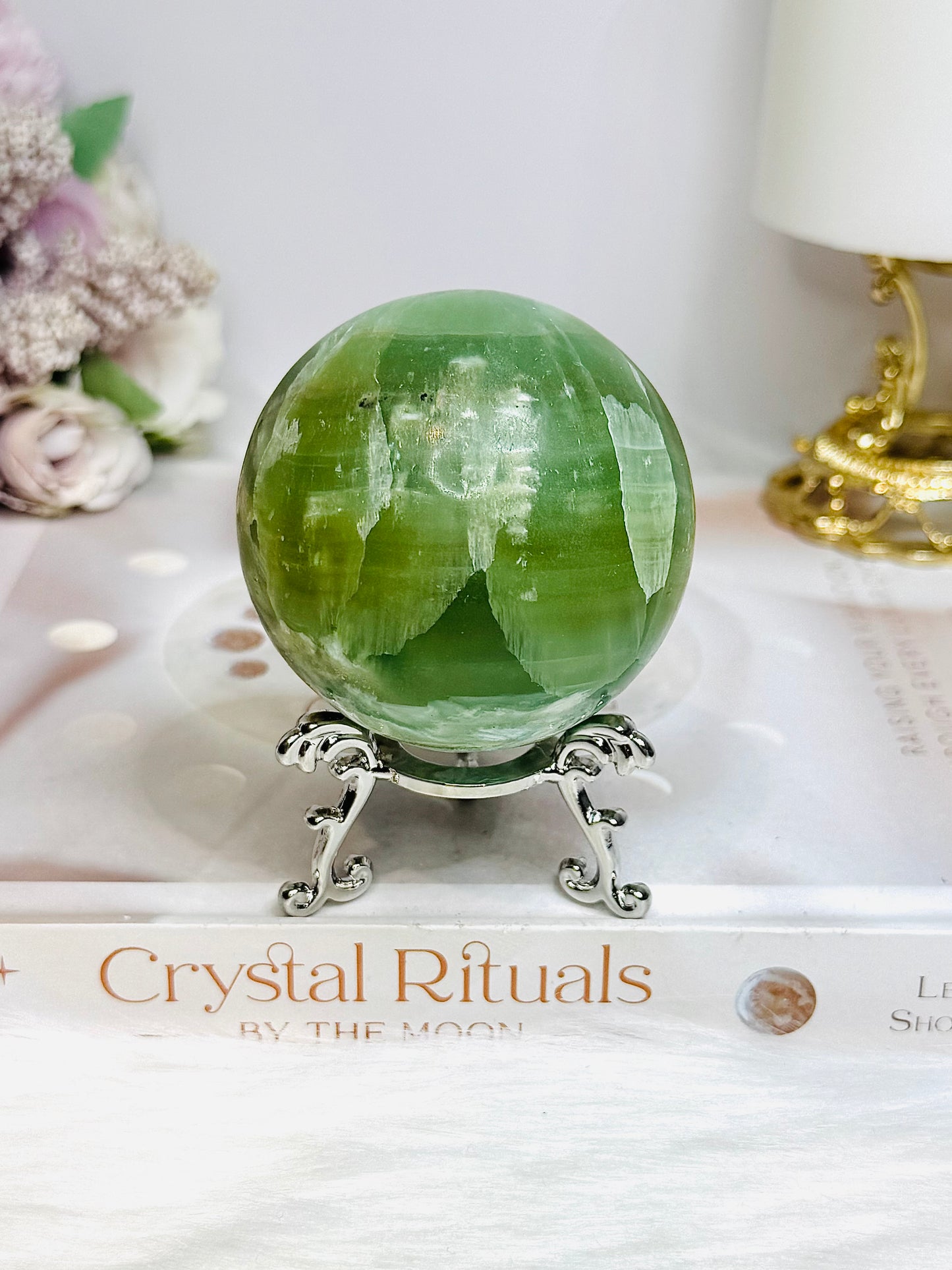 Green Calcite Druzy Sphere on Stand 351g