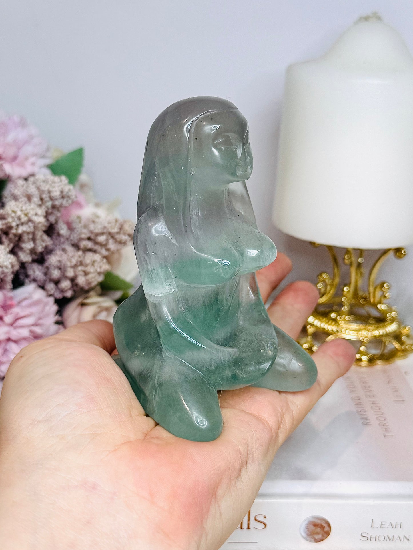 Large Mother Earth Fluorite Carving (chip on back foot) 10cm 396g