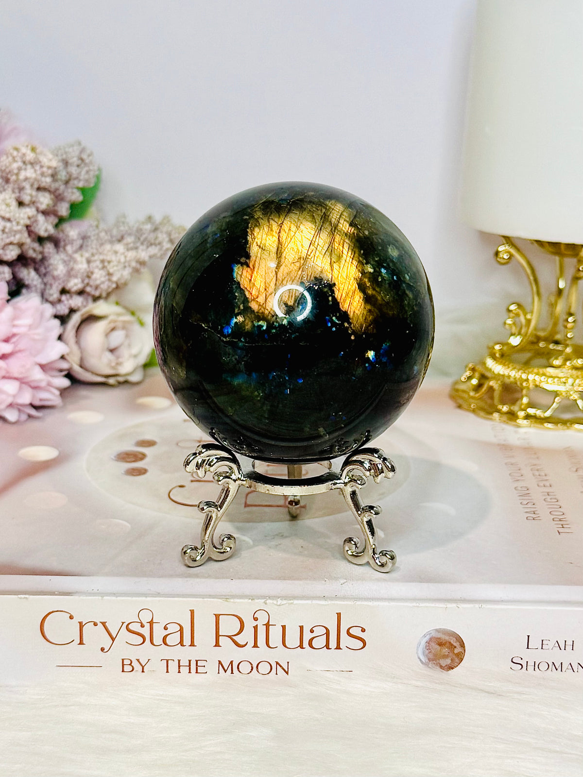 Large Labradorite Sphere 449g On Silver Stand (stand used in pic is display only)
