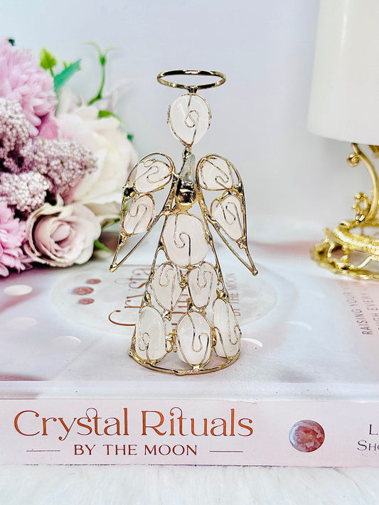 Divine Large 11cm Gold Metal Angel With Rose Quartz & Vera Cruz