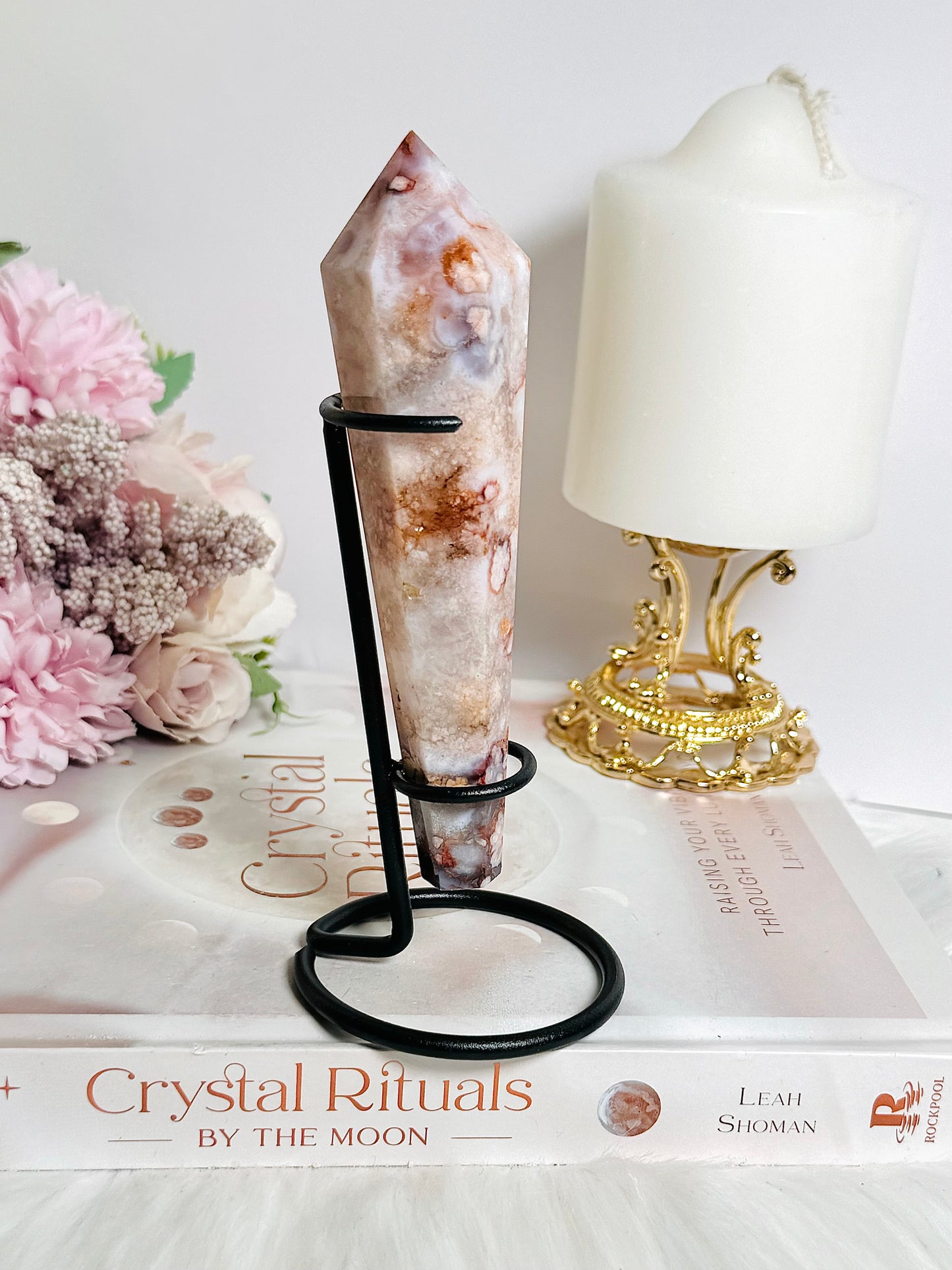 Beautiful Flower Agate Carved Wand On Stand 15cm