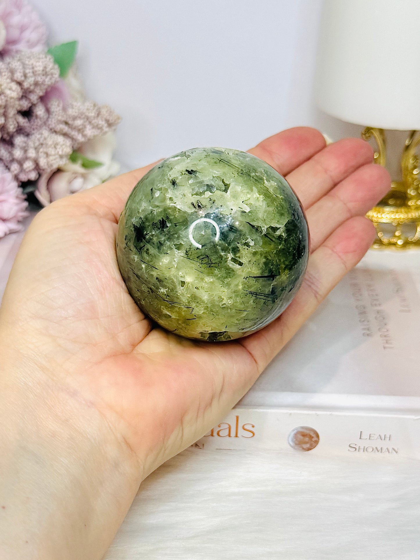 Large Druzy Prehnite Sphere on Stand 357g