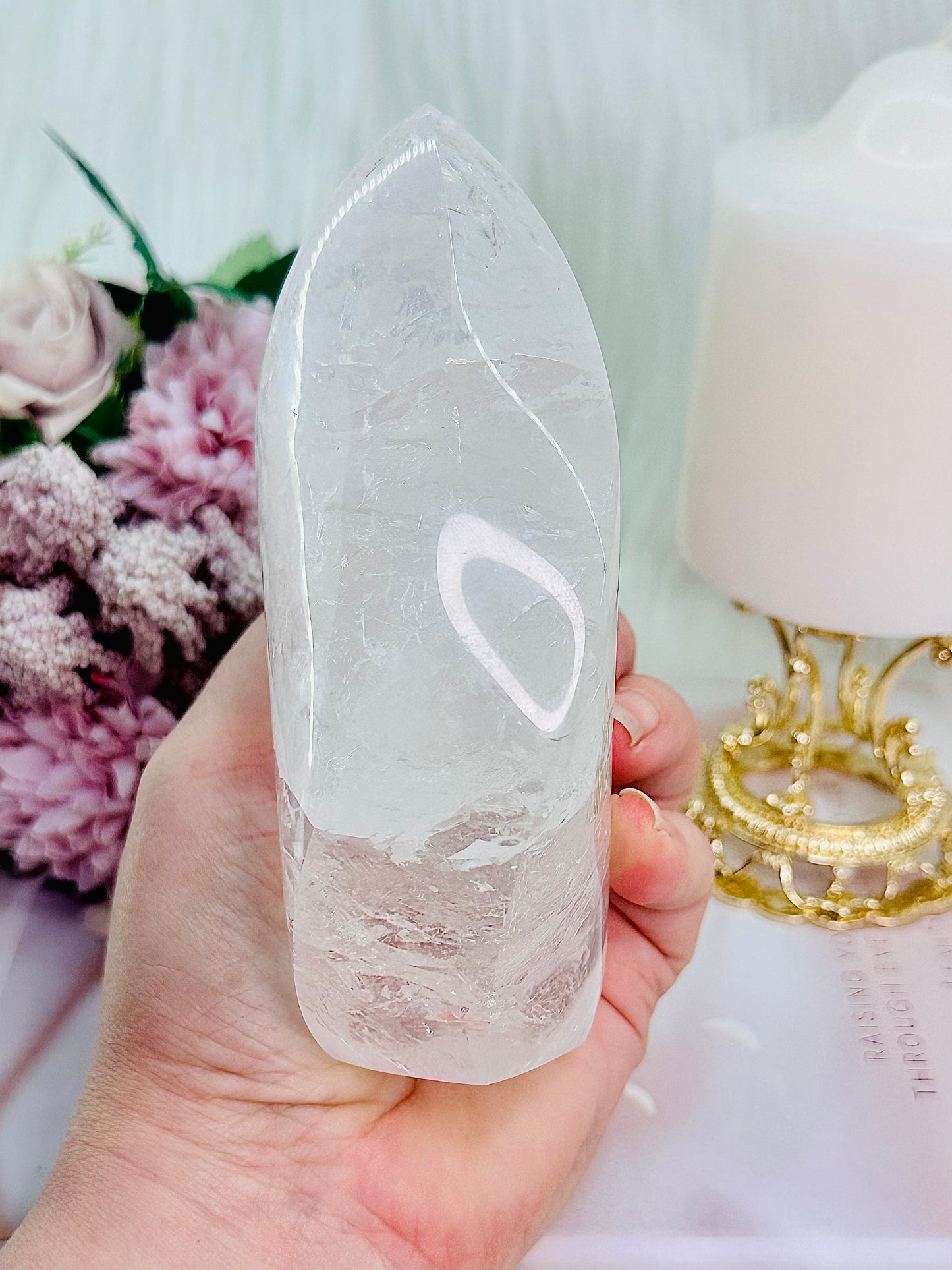 The Most Absolutely Stunning High Grade Large Clear Quartz Carved Flame | Freeform with Rainbows From Brazil 677grams