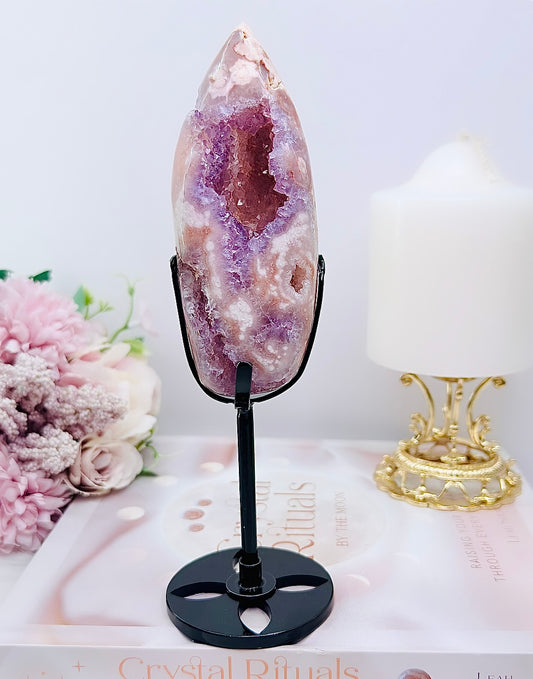 High Grade Rare 19.5cm Druzy Pink Amethyst X Flower Agate Egg on Stand