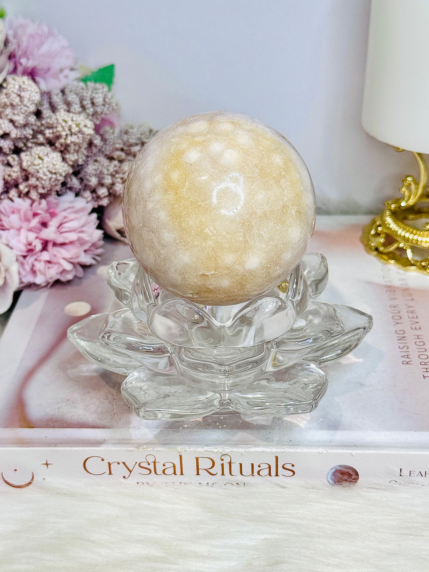 Large Pink Amethyst Sphere on Glass Lotus Stand 780g