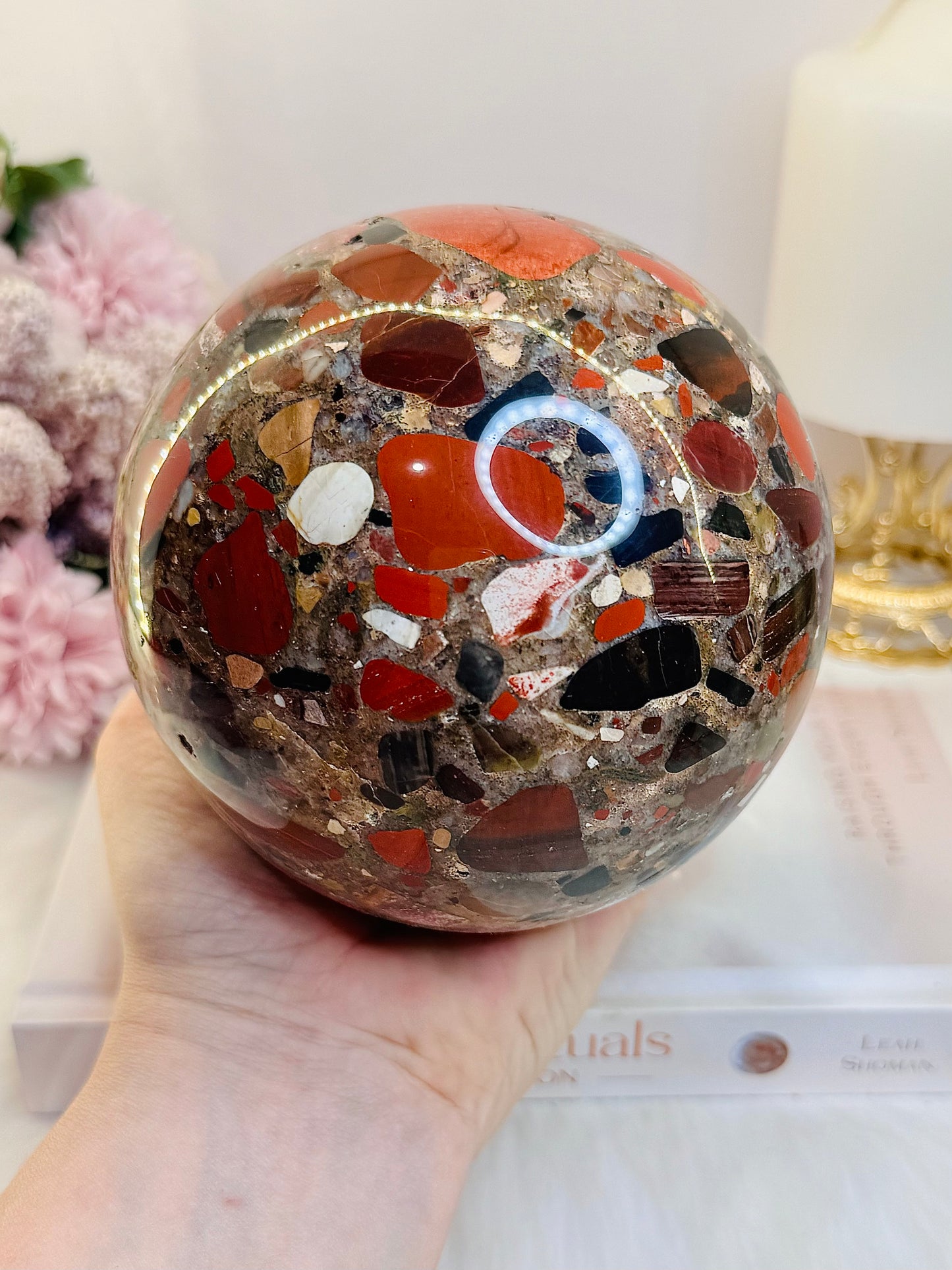 Huge Incredible Natural Puddingstone Sphere on Stand 11cm 1.93KG