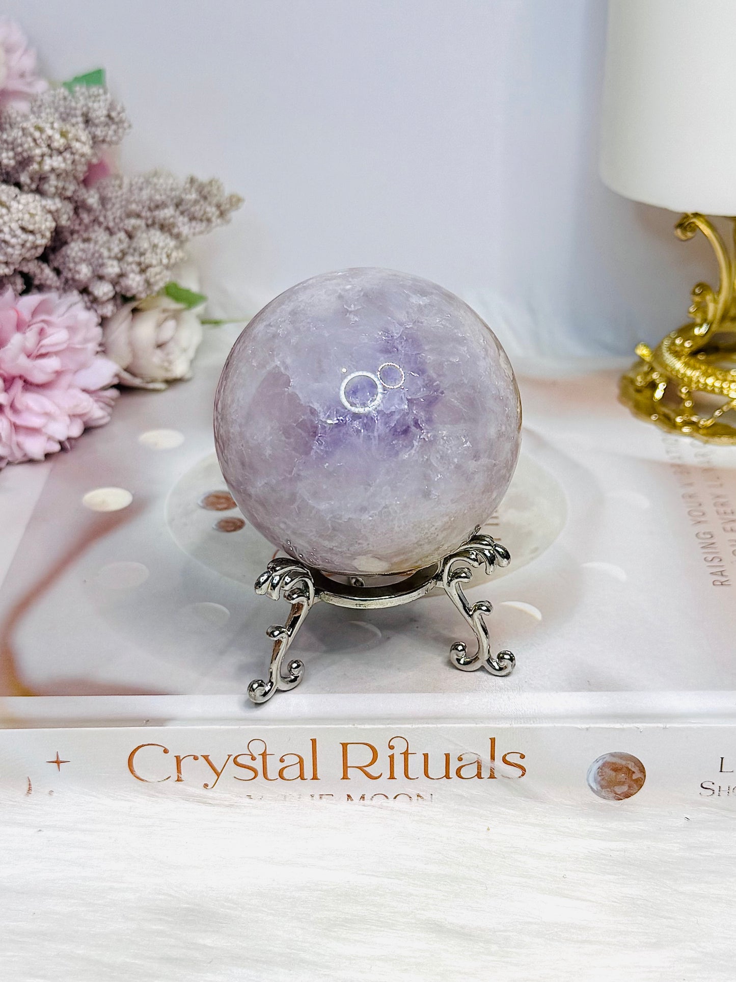 Flower Agate X Amethyst Sphere on Stand 280g