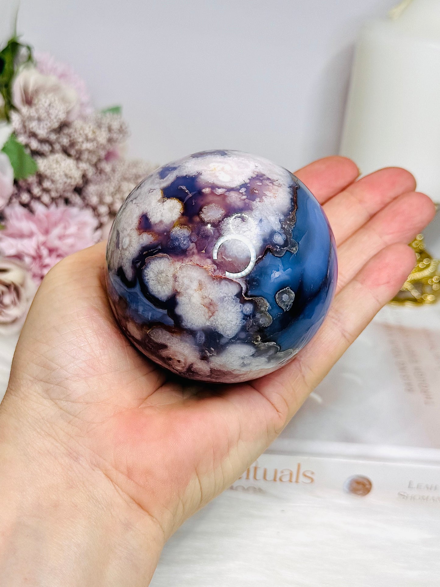 Large Blue Flower Agate | Cherry Blossom Druzy Sphere on Stand 482g