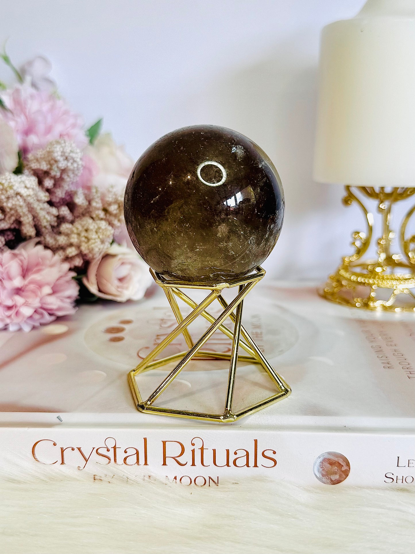 Supports Anxiety & Depression ~ Smokey Quartz Sphere on Gold Stand 10cm