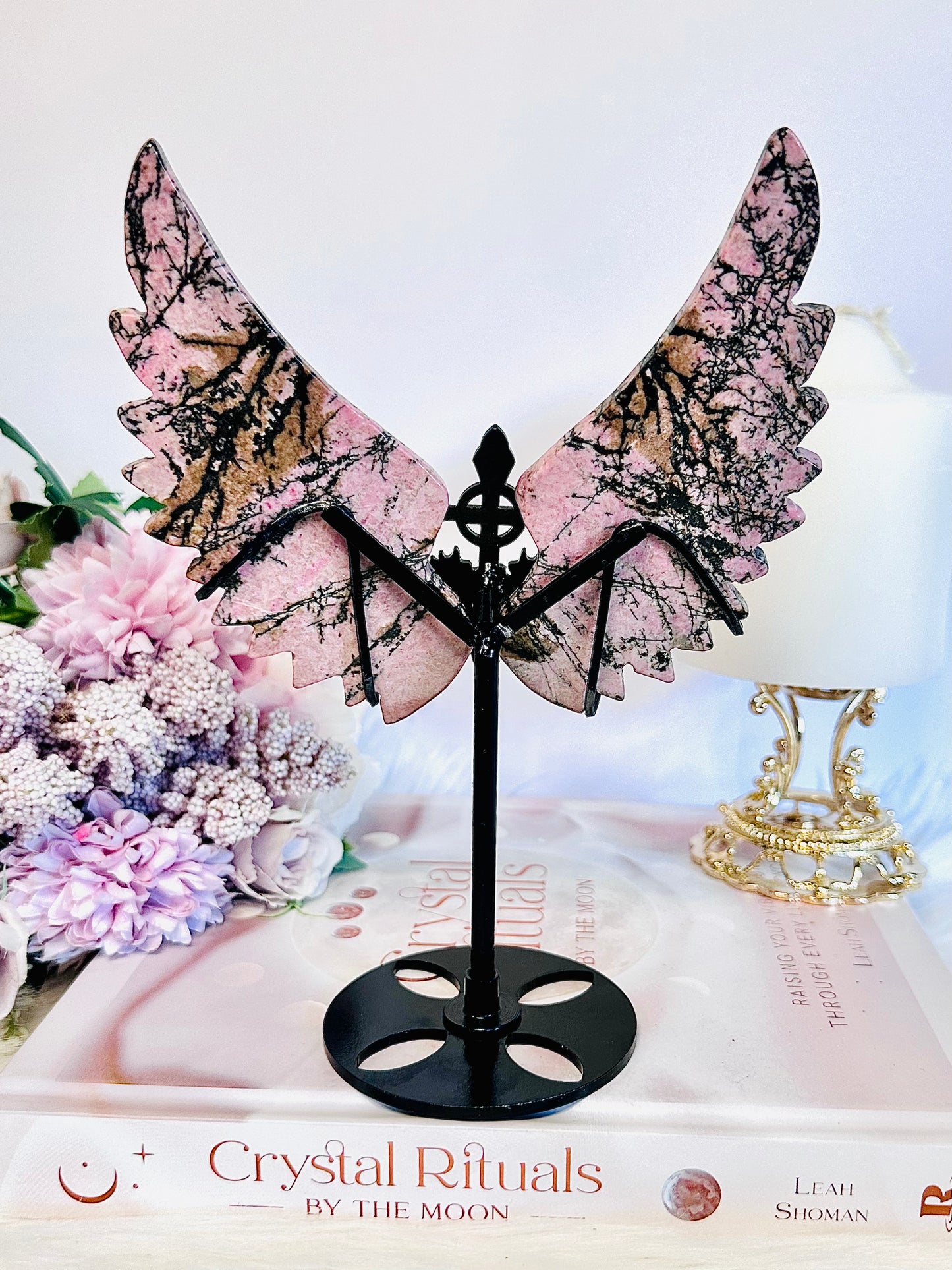 Classy & Fabulous Large 18.5cm (inc stand) Pink Rhodonite Carved Wings On Stand