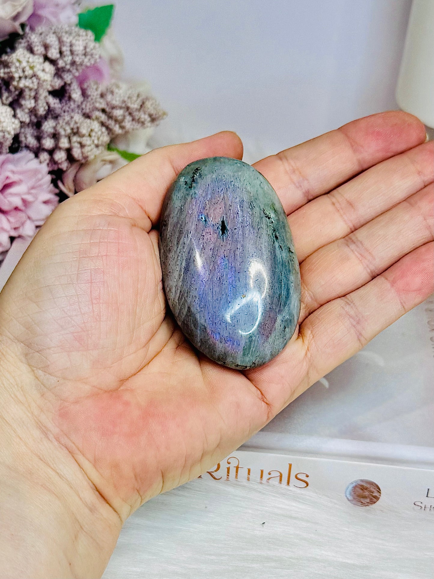 Large Labradorite Palm Stone with Pink & Purple Flash