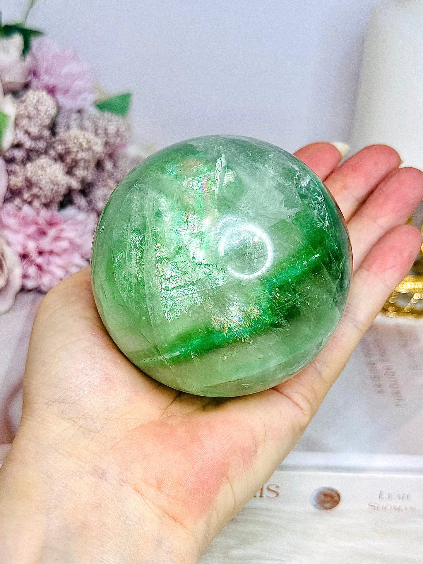 Large Green Fluorite Sphere Full of Rainbows 777g