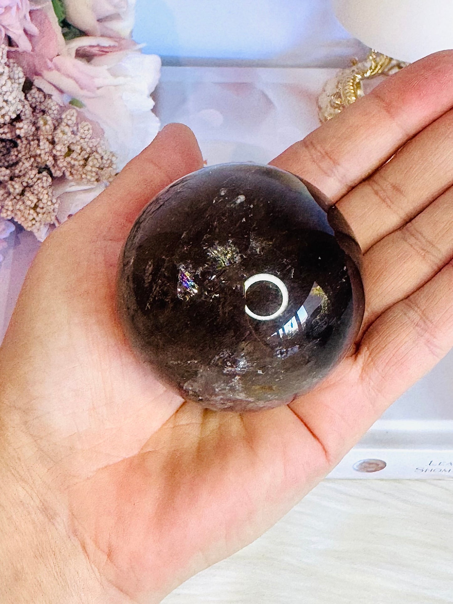 Beautiful 265gram Smokey Quartz Sphere with Rainbow on Stand