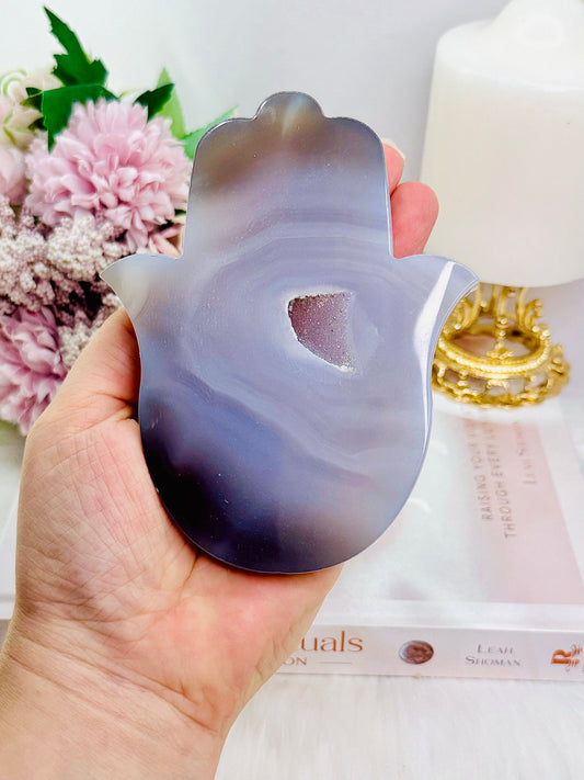 Large Chunky Druzy Agate Carved Hamsa Hand 12cm 276grams