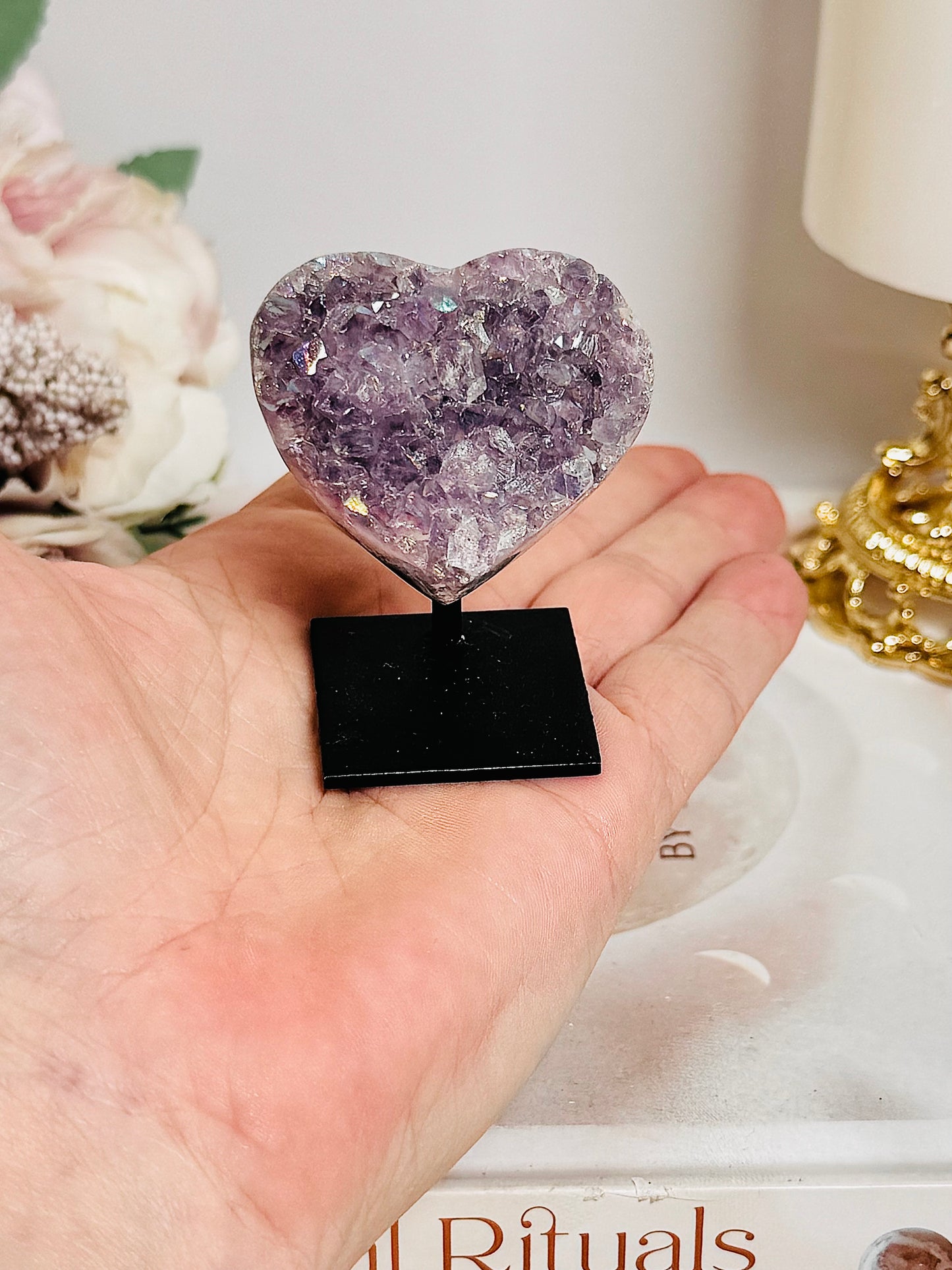 Beautiful 6cm Angel Aura Amethyst Cluster Heart on Stand From Brazil