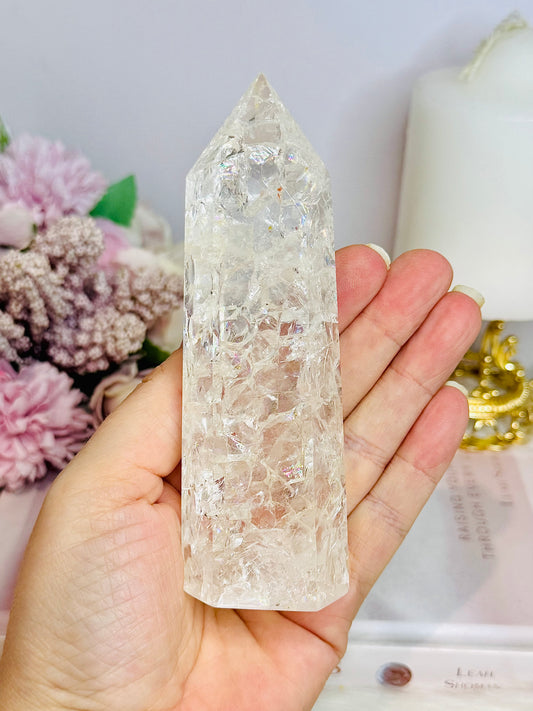 Clear Quartz Crackle Tower 12.5cm With Rainbows