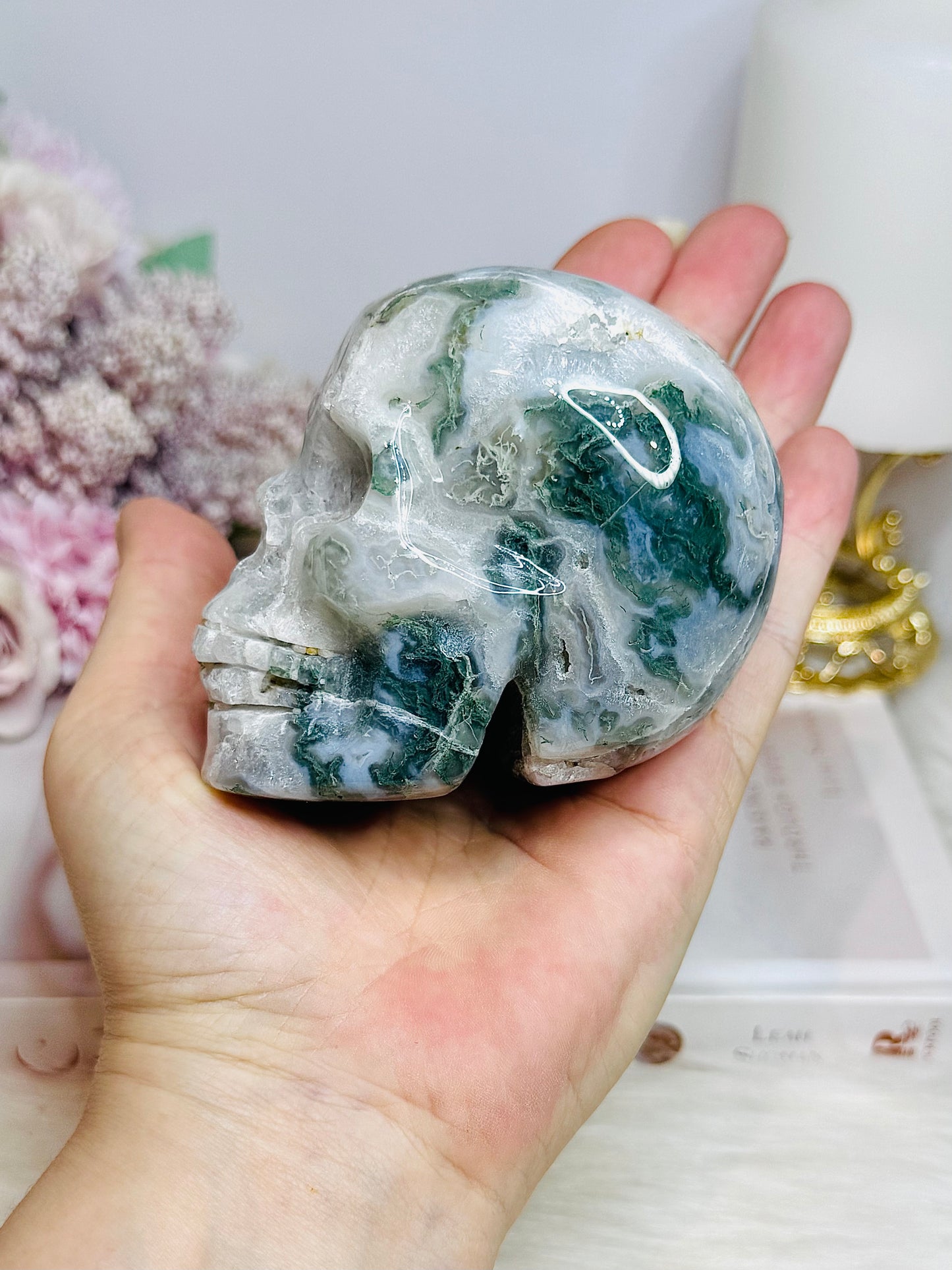 Large Moss Agate Carved Skull 9cm 452g