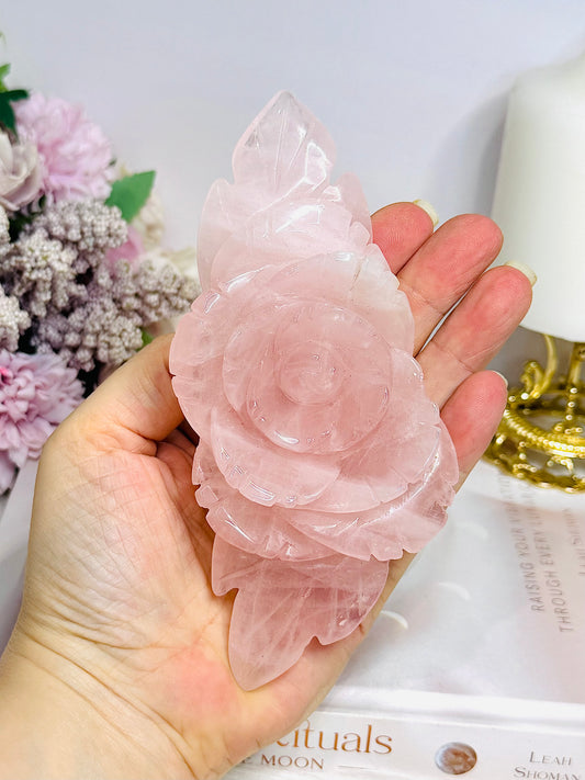 Large Rose Quartz Carved Rose on Stand 15cm