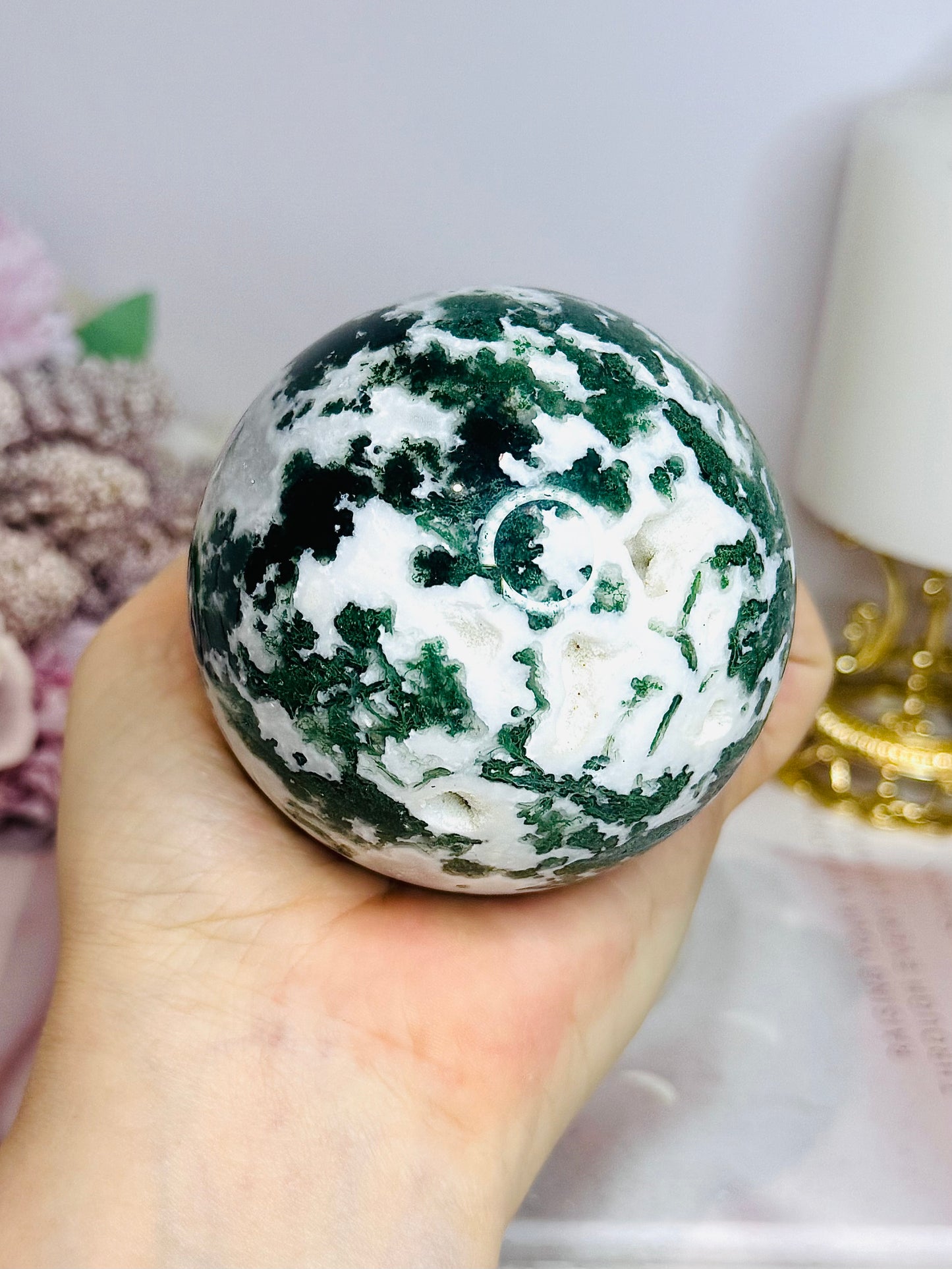 Large Druzy Moss Agate Sphere on Stand 515g