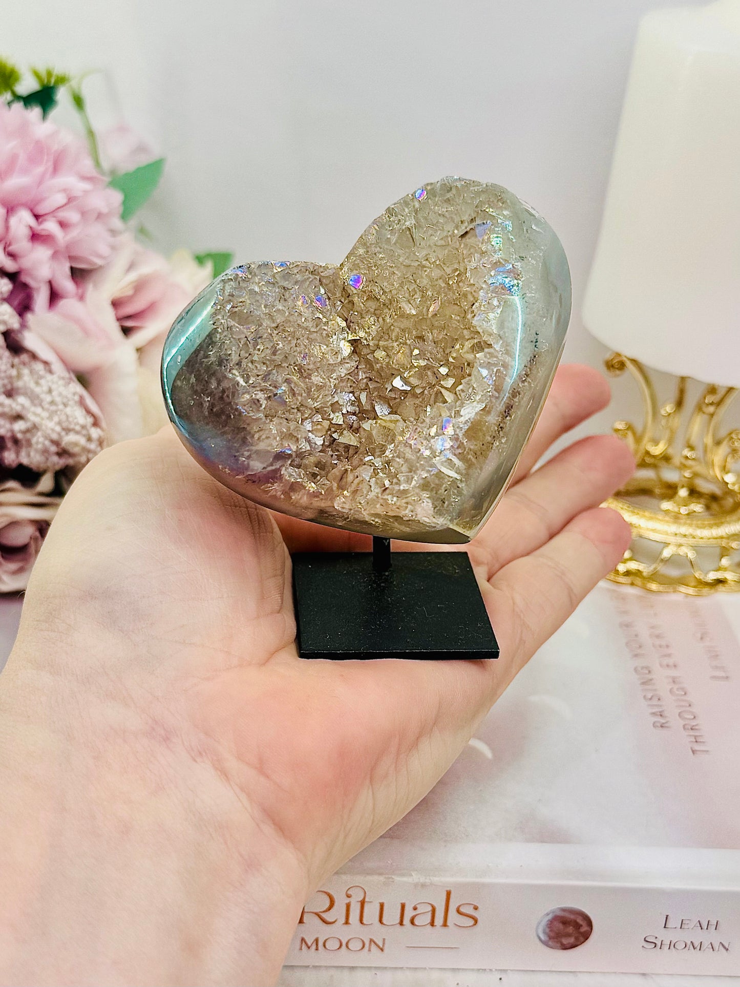 Stunning Angel Aura Druzy Agate Carved Heart on Stand 8cm