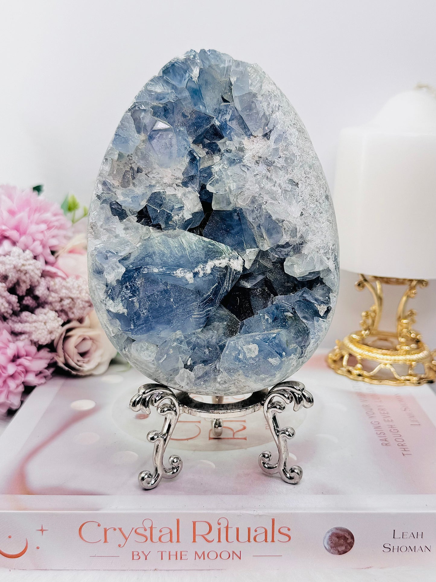 Huge 1.77KG Natural Blue Celestite Druzy Egg On Stand